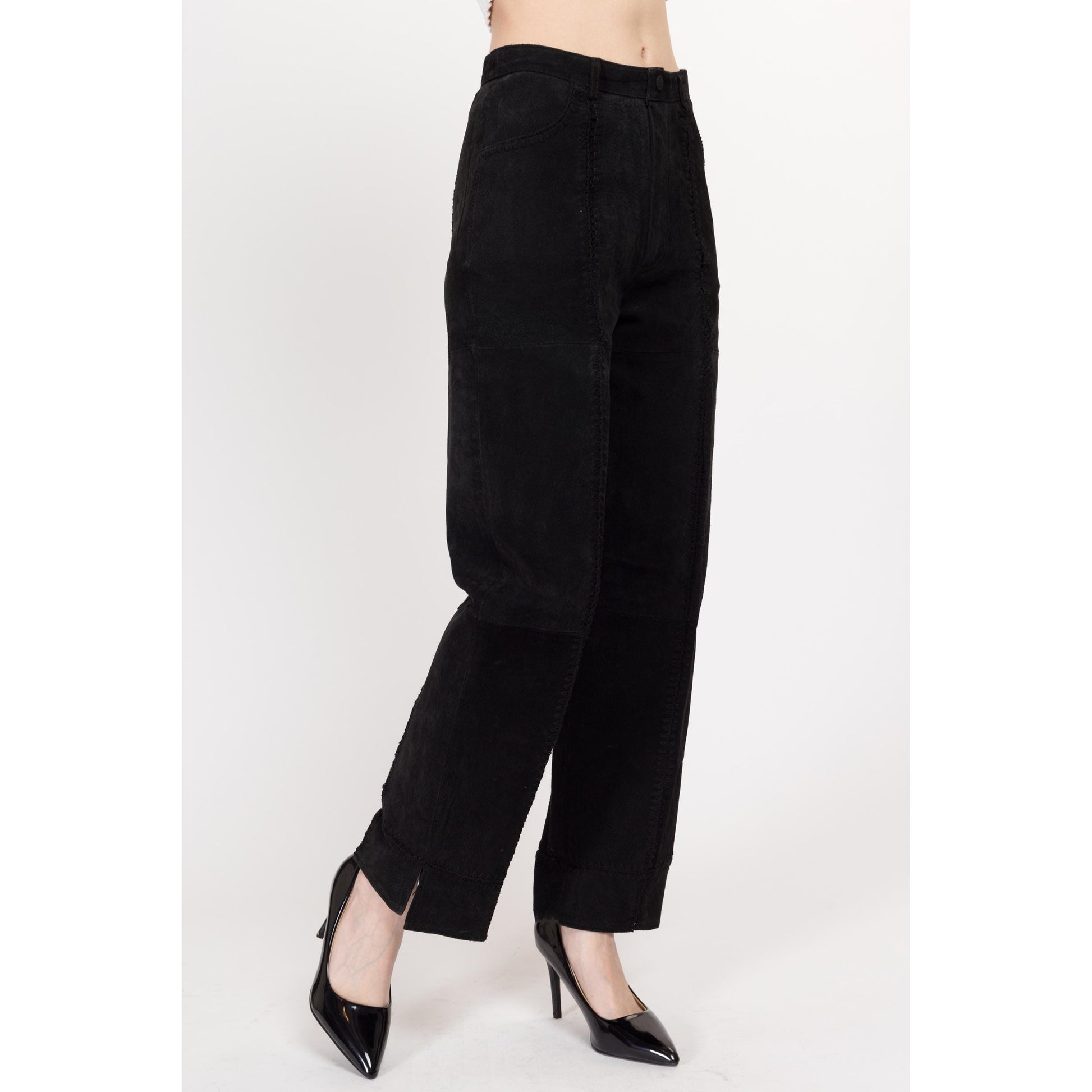 Small 90s Boho Black Suede Patchwork Trousers 26.5" | Vintage High Waisted Leather Straight Leg Pants