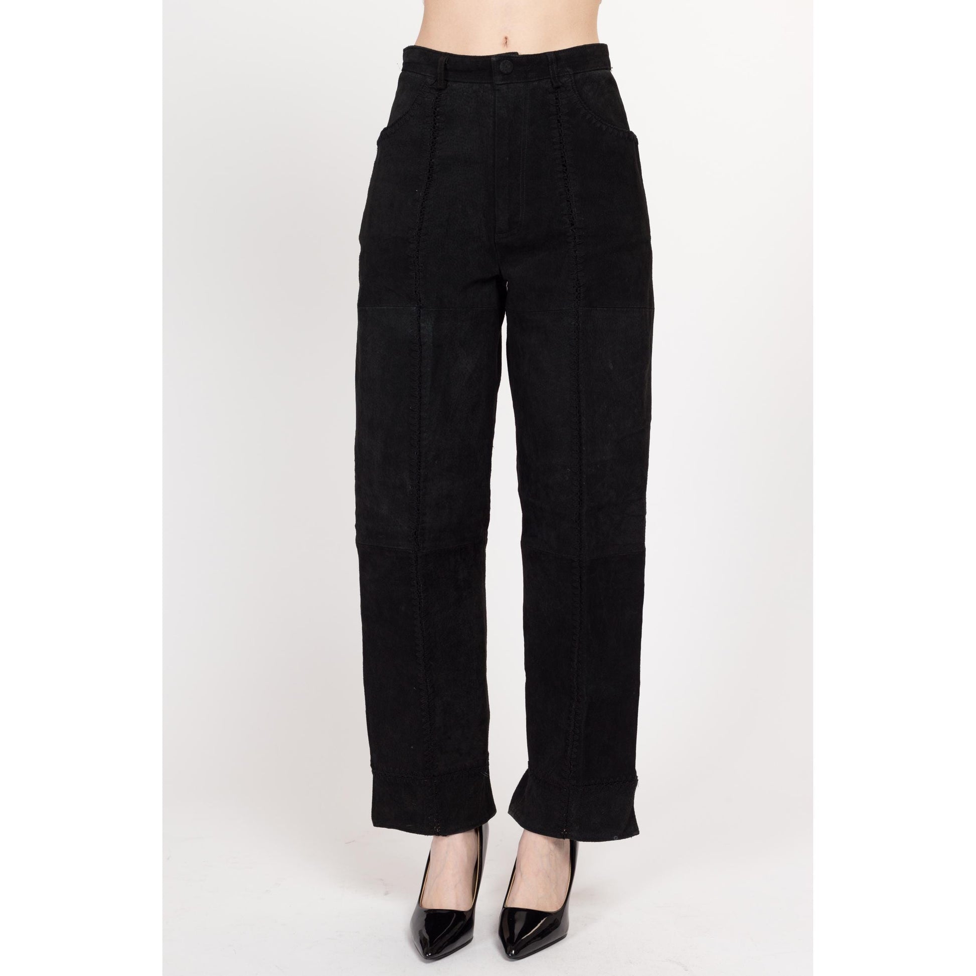 Small 90s Boho Black Suede Patchwork Trousers 26.5" | Vintage High Waisted Leather Straight Leg Pants