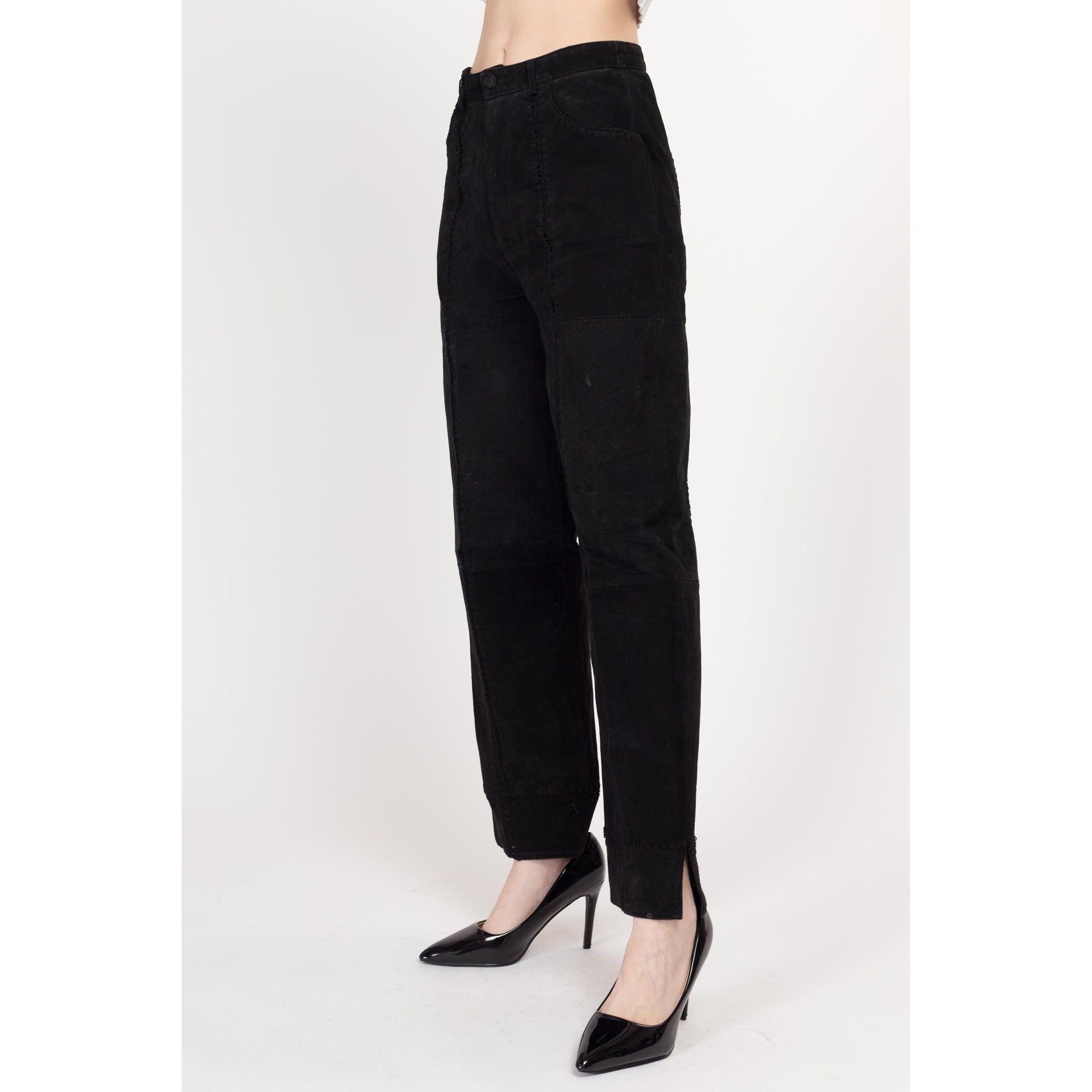 Small 90s Boho Black Suede Patchwork Trousers 26.5" | Vintage High Waisted Leather Straight Leg Pants
