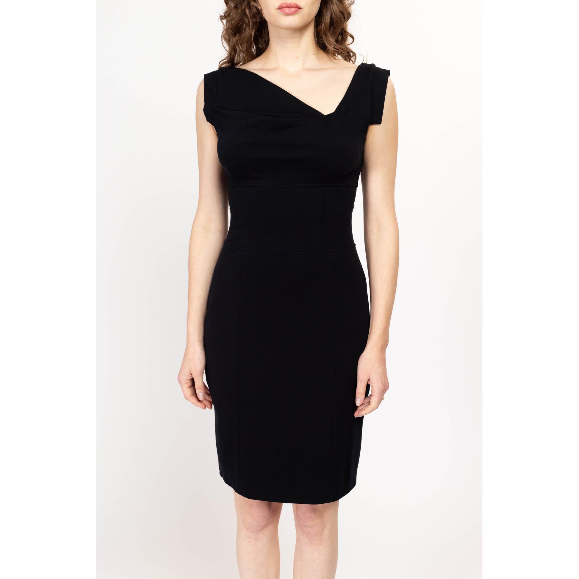 Small 90s Cache Little Black Asymmetrical Neckline Dress | Vintage Fitted Stretchy Split Sleeve Mini Party Dress