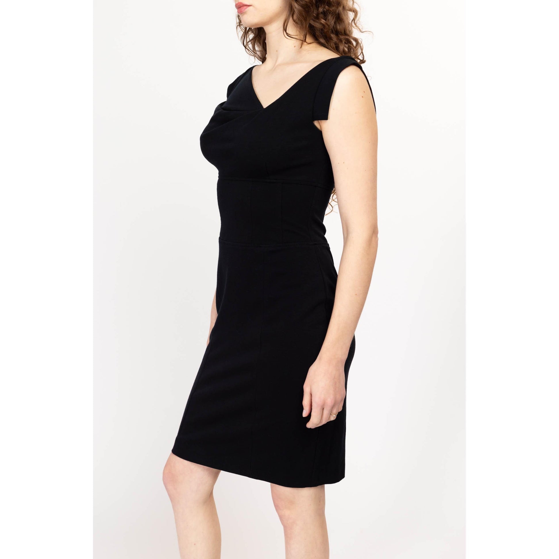 Small 90s Cache Little Black Asymmetrical Neckline Dress | Vintage Fitted Stretchy Split Sleeve Mini Party Dress