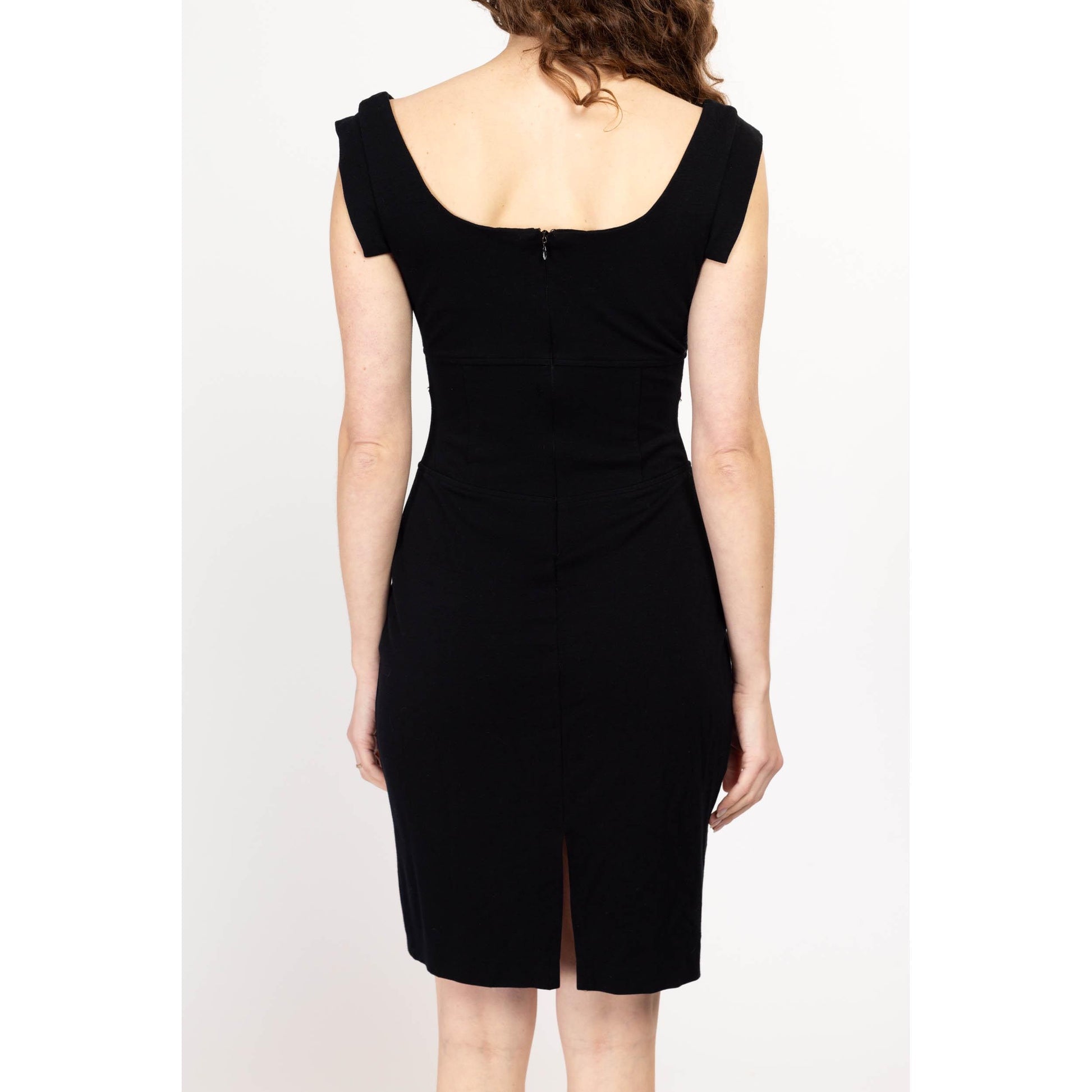 Small 90s Cache Little Black Asymmetrical Neckline Dress | Vintage Fitted Stretchy Split Sleeve Mini Party Dress