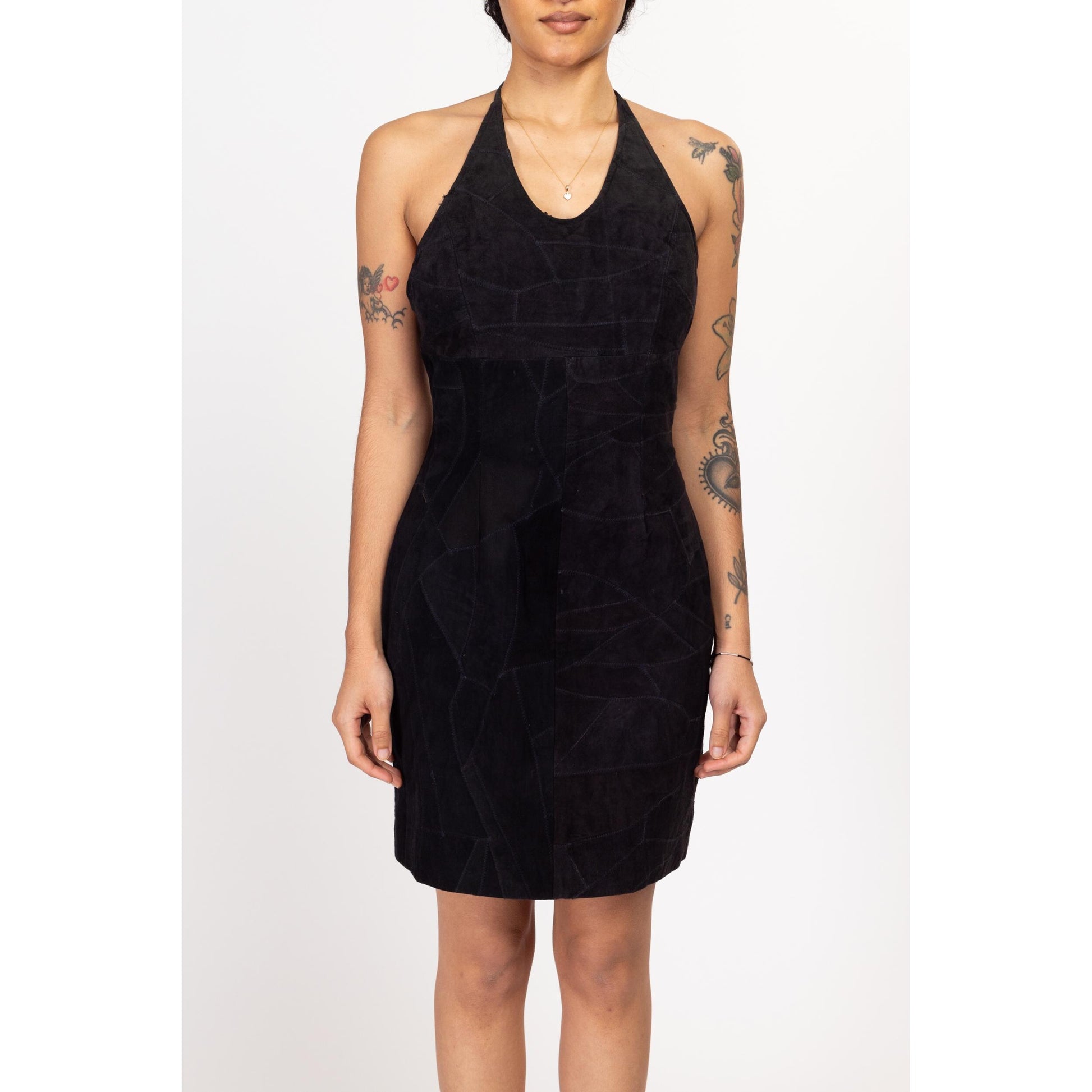 Medium 90s Black Suede Patchwork Halter Mini Dress Medium 90s Black Suede Patchwork Halter Mini Dress