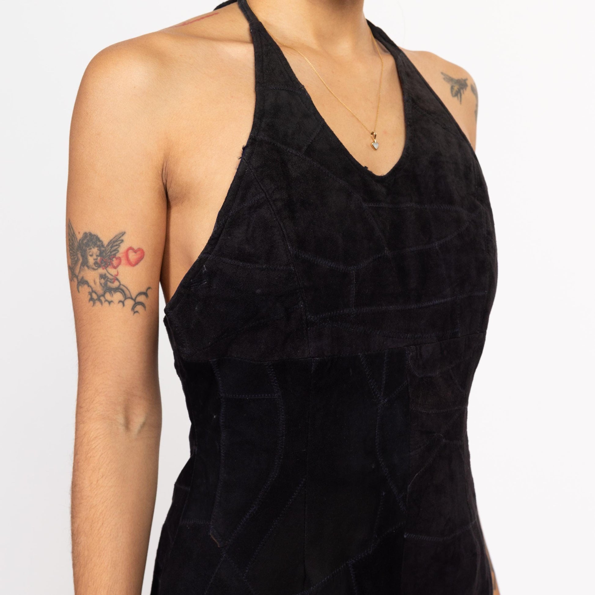 Medium 90s Black Suede Patchwork Halter Mini Dress Flying Apple Vintage Medium 90s Black Suede Patchwork Halter Mini Dress Flying Apple Vintage