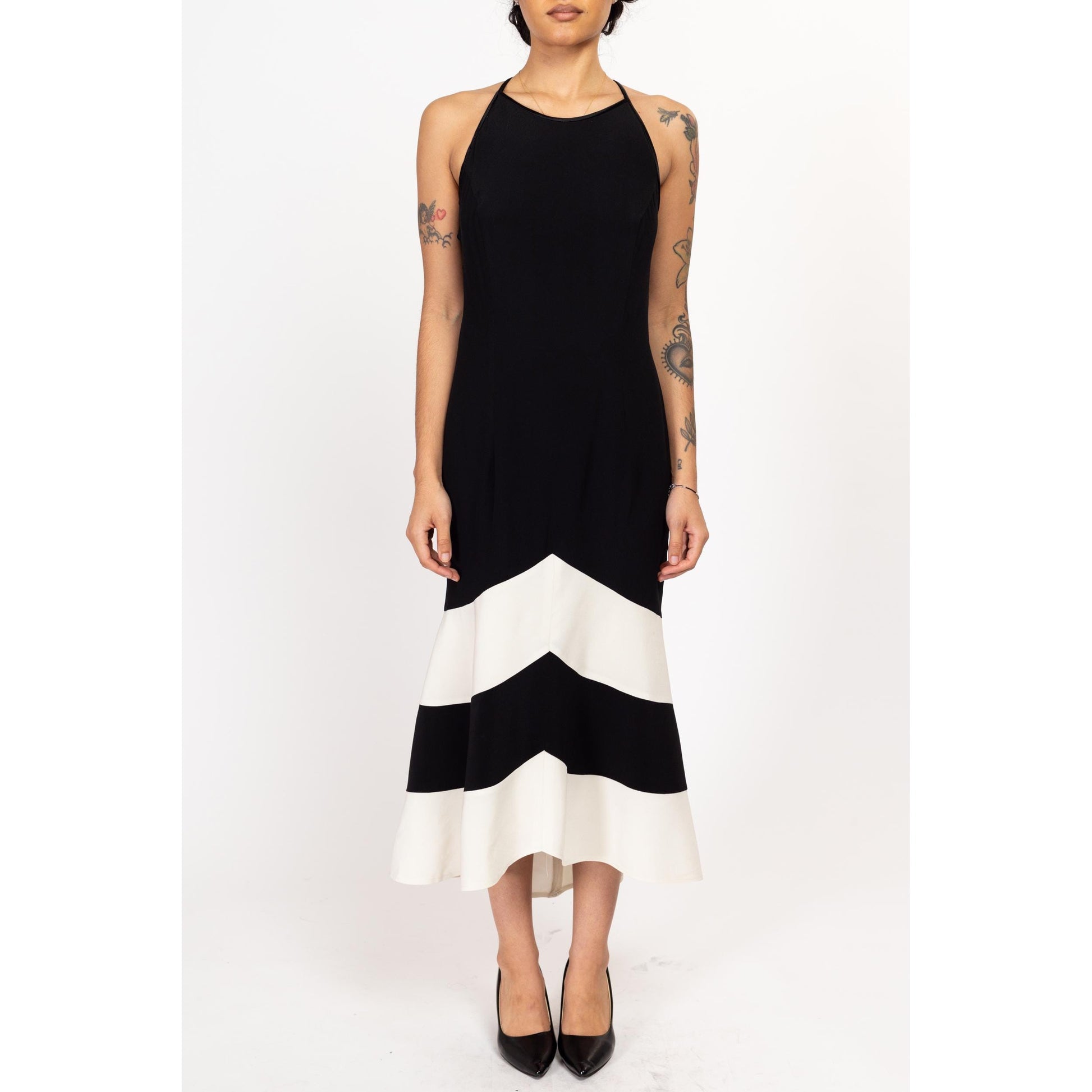 Medium 80s Cache Black & White Cross Back Trumpet Skirt Dress | Vintage Strappy Backless Sleeveless Formal Party Gown