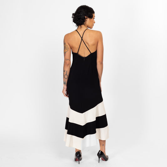 Medium 80s Cache Black & White Cross Back Trumpet Skirt Dress | Vintage Strappy Backless Sleeveless Formal Party Gown