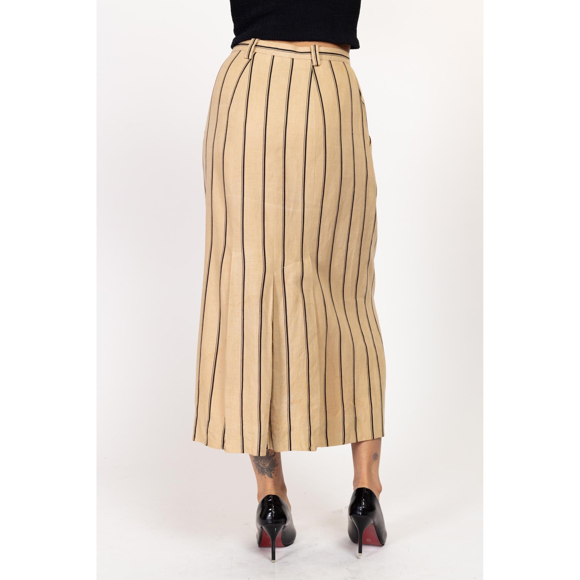 Small 90s Striped Oatmeal Linen Maxi Skirt 27" | Vintage Minimalist High Waisted Pocket Skirt