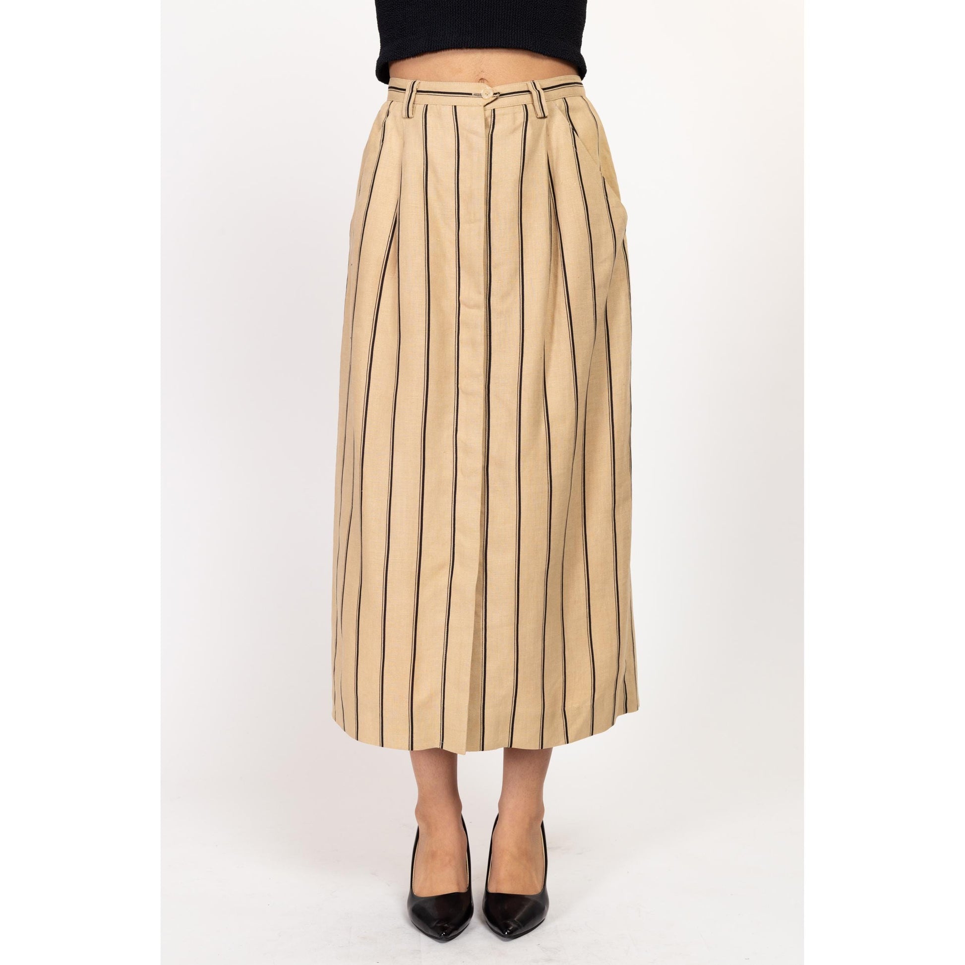 Small 90s Striped Oatmeal Linen Maxi Skirt 27" | Vintage Minimalist High Waisted Pocket Skirt