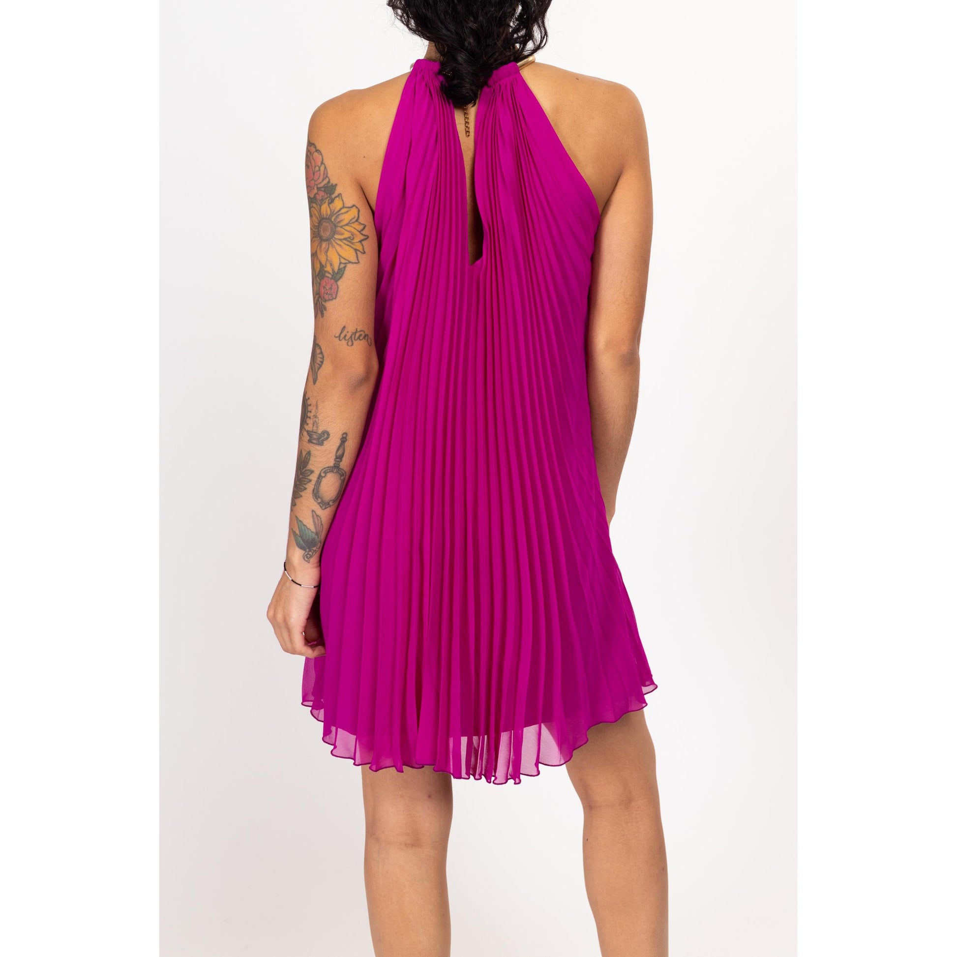Medium Y2k Cache Magenta Pleated Choker Collar Mini Tent Dress | Vintage Sleeveless Flowy Babydoll Party Dress