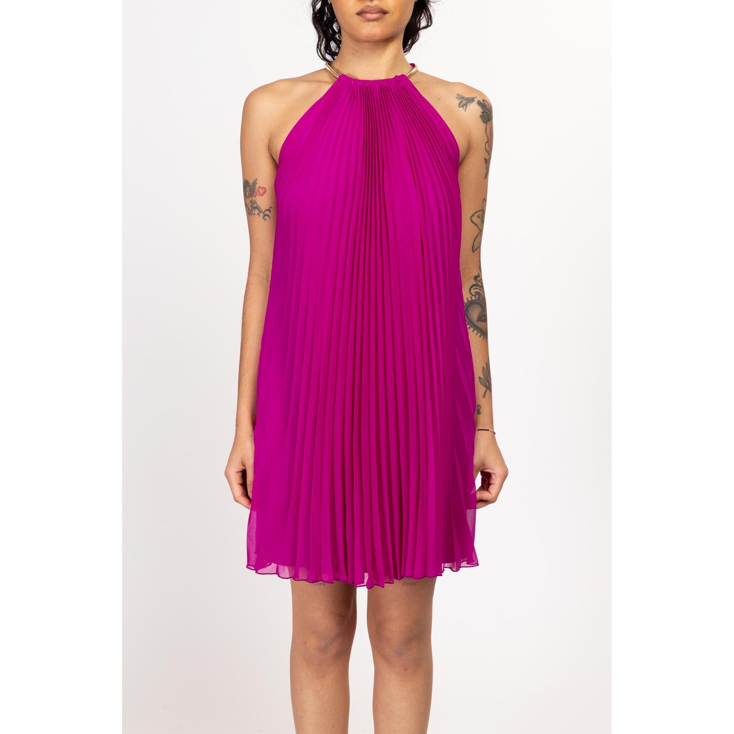 Medium Y2k Cache Magenta Pleated Choker Collar Mini Tent Dress | Vintage Sleeveless Flowy Babydoll Party Dress