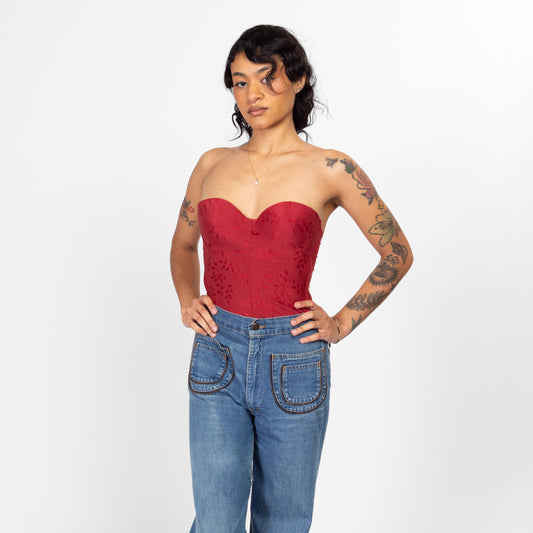 36B Y2k Red Bustier Garter Top | Vintage Strapless Corset Longline Bra Pin Up Lingerie