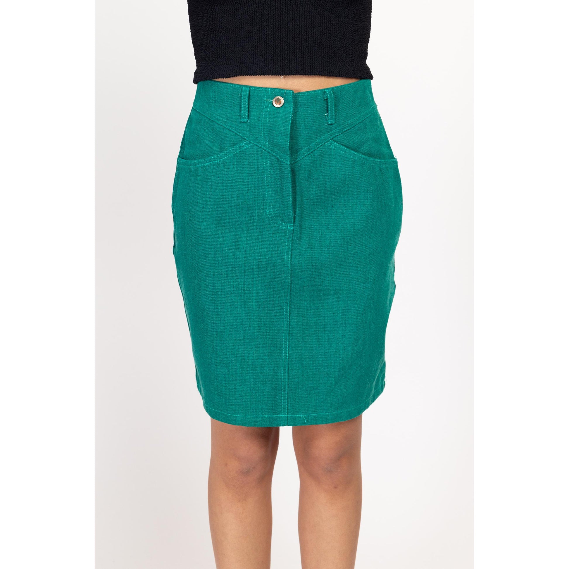 Small 80s 90s Turquoise Denim Mini Skirt 26.5" | Vintage High Waisted A Line Jean Skirt