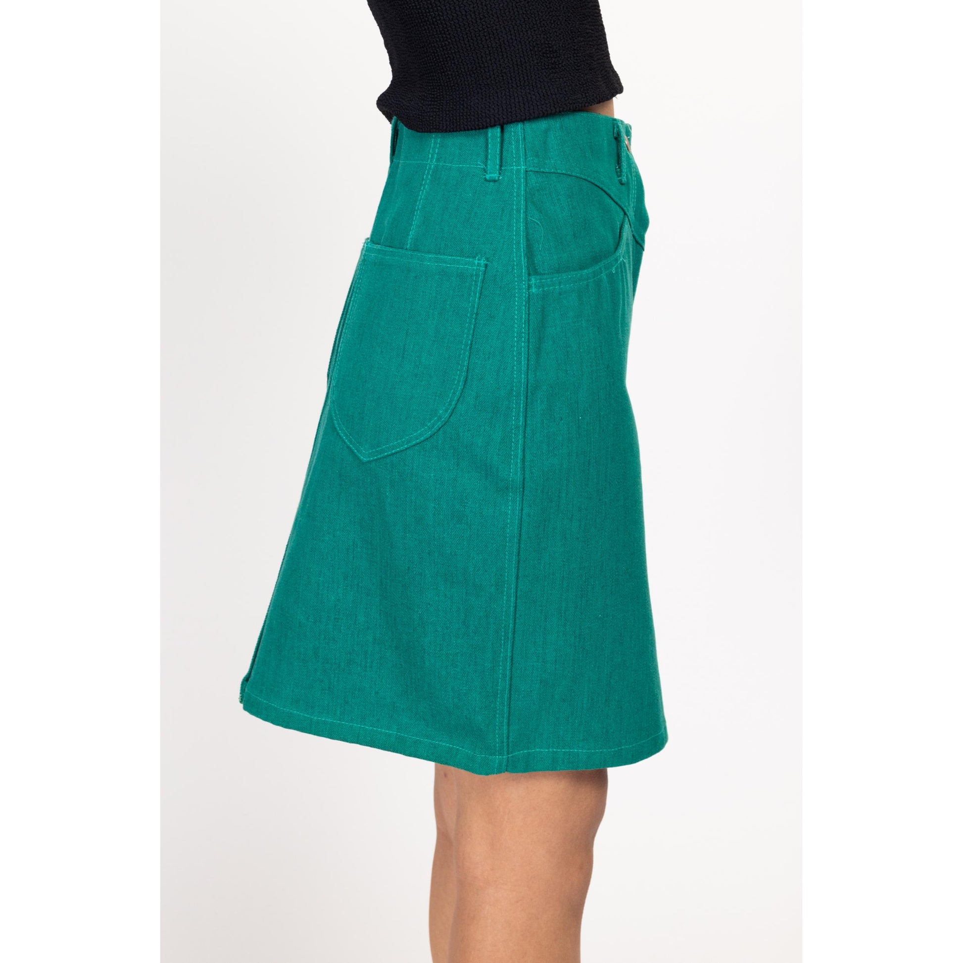 Small 80s 90s Turquoise Denim Mini Skirt 26.5" | Vintage High Waisted A Line Jean Skirt