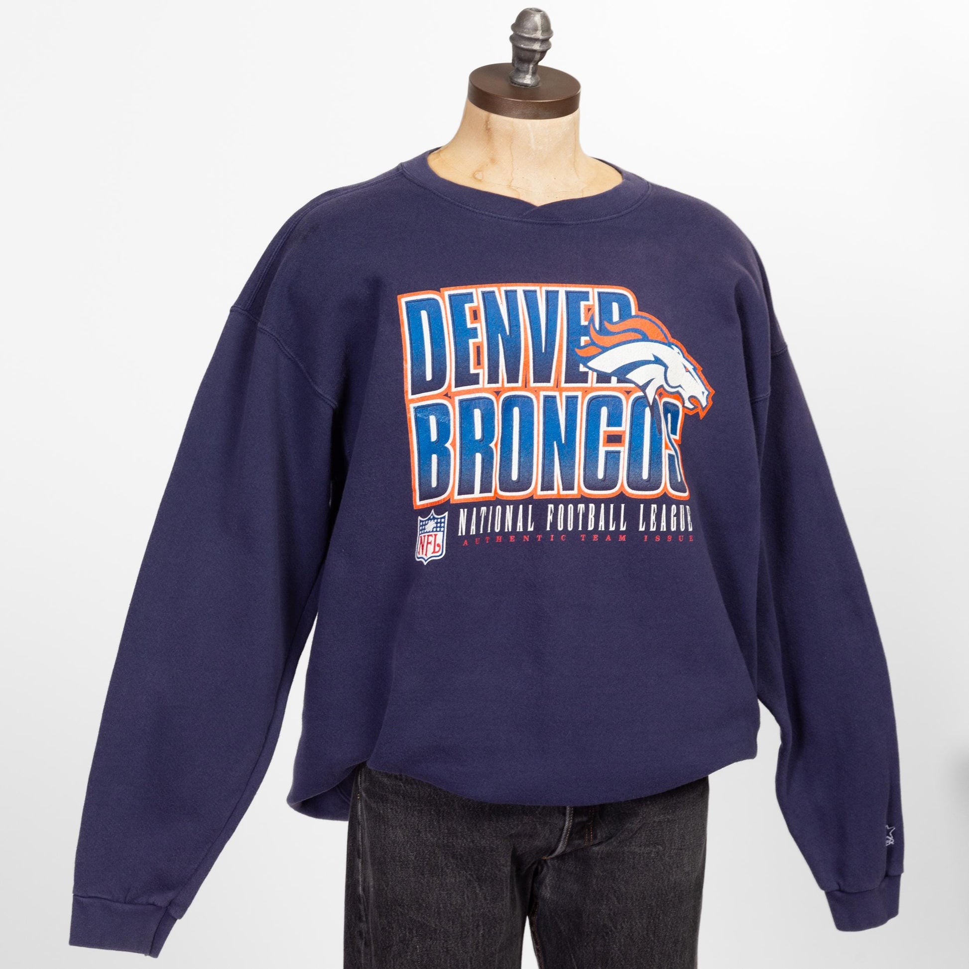 Medium 90s Denver Broncos NFL Starter Sweatshirt | Vintage Navy Blue Football Graphic Crewneck Sweater