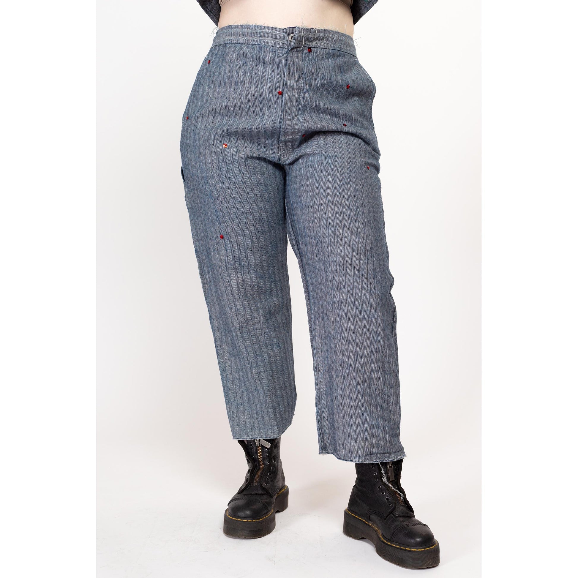 Lrg-XL Y2K Herringbone Workwear Sequin Coverall Jacket & Pants Set | Vintage Blue Cotton Mechanics Boiler Suit Uniform Outfit