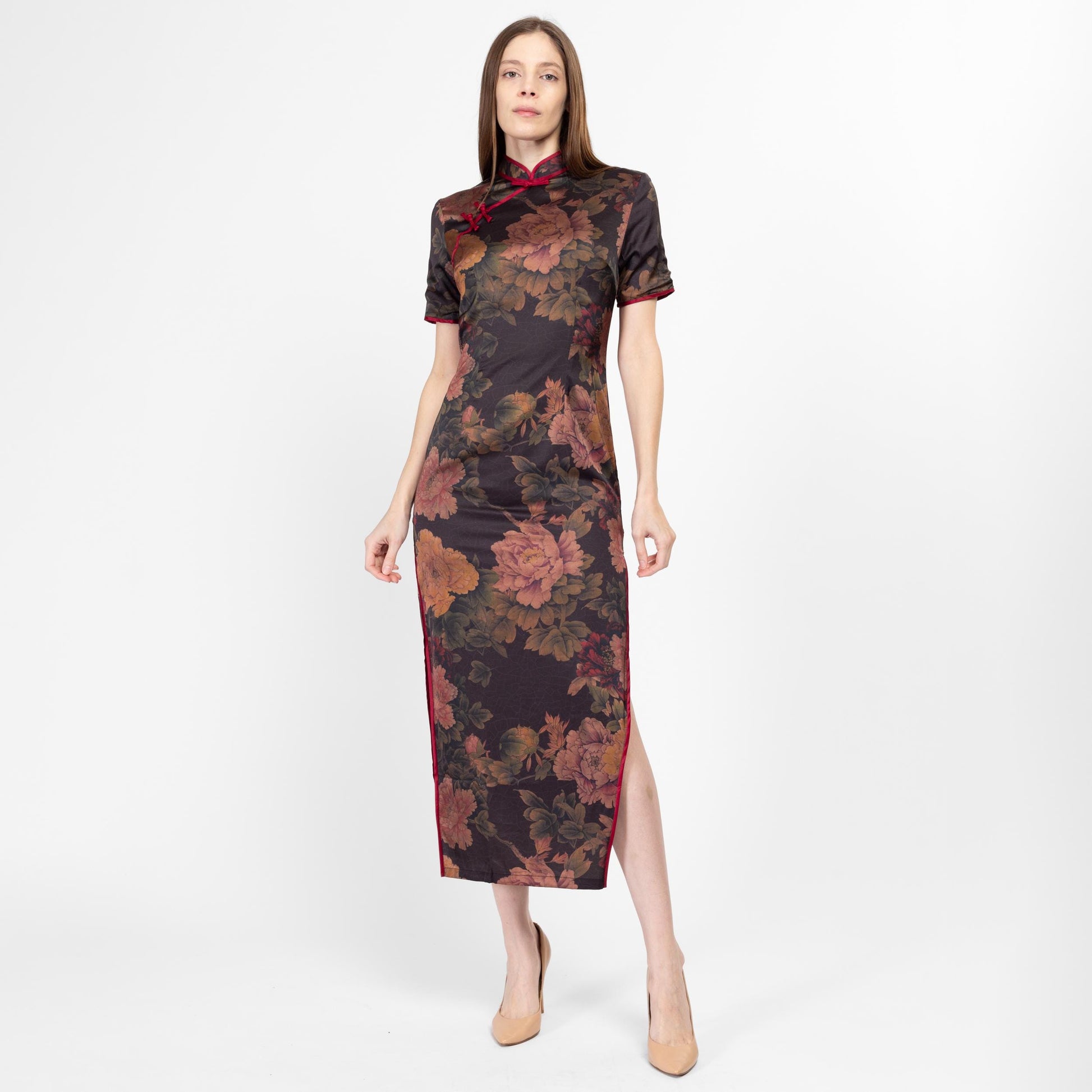 Small 90s Black Floral Cheongsam Maxi Dress Small 90s Black Floral Cheongsam Maxi Dress