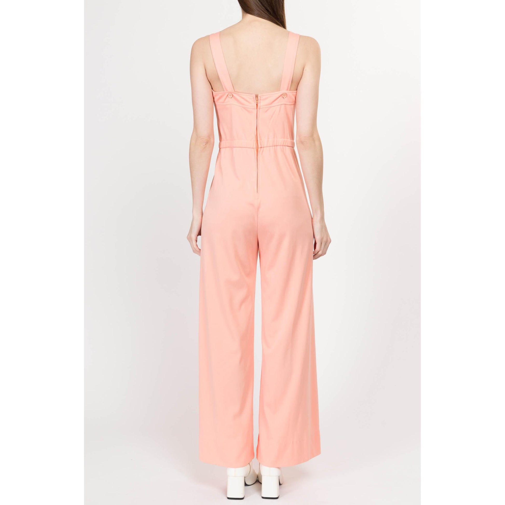 Small 70s Peach Pink Sleeveless Jumpsuit | Retro Vintage Flared Leg Disco Pantsuit