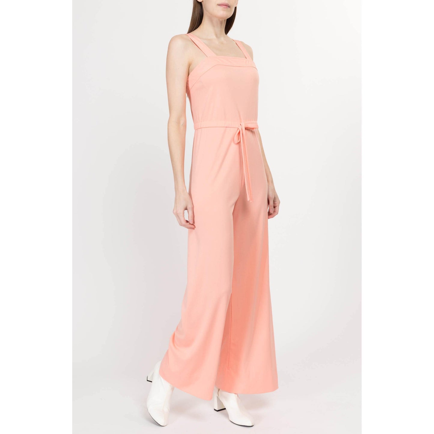 Small 70s Peach Pink Sleeveless Jumpsuit | Retro Vintage Flared Leg Disco Pantsuit