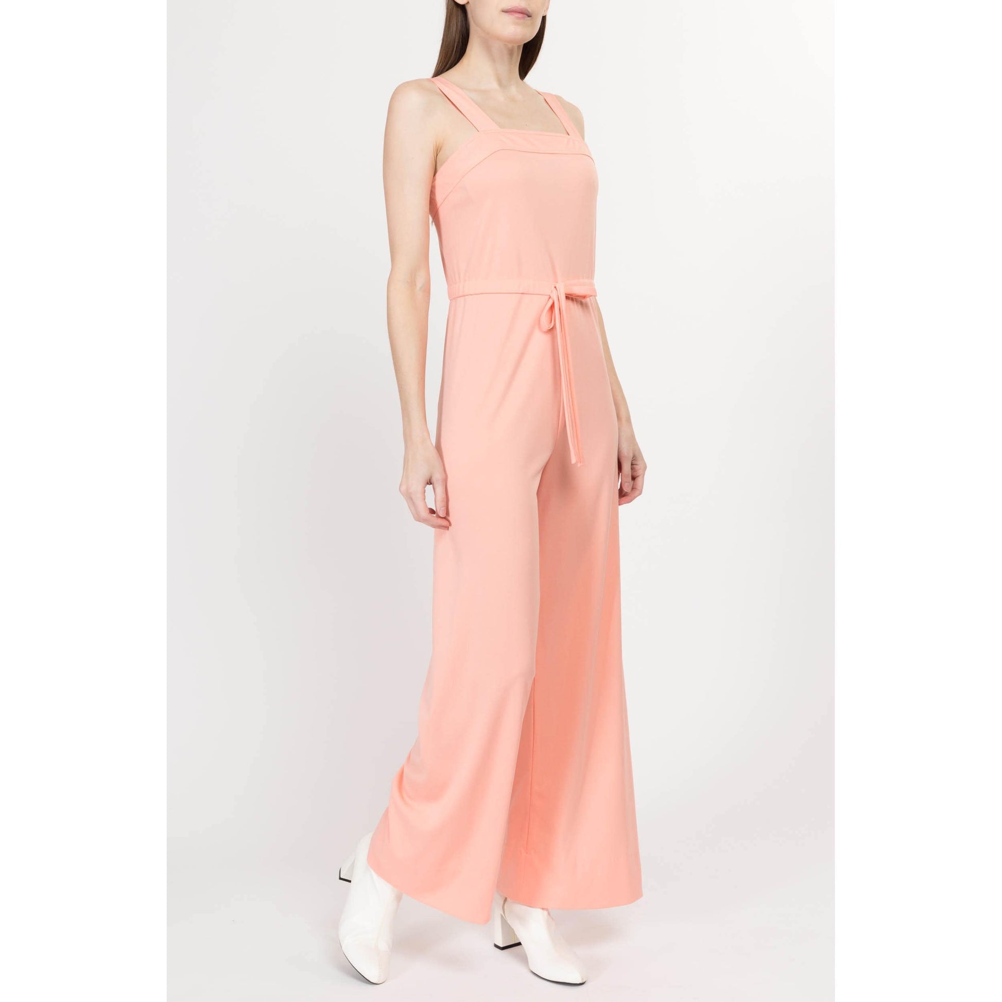Small 70s Peach Pink Sleeveless Jumpsuit | Retro Vintage Flared Leg Disco Pantsuit