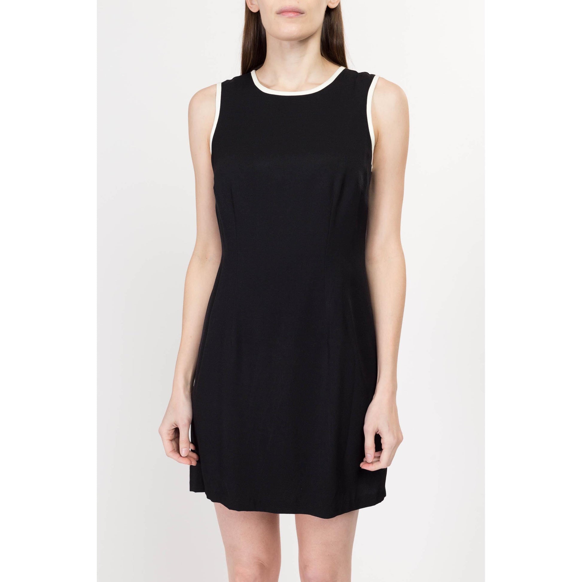 Sm-Med 90s Black & White Ringer Cocktail Mini Dress | Vintage Minimalist Sleeveless Sheath Party Dress