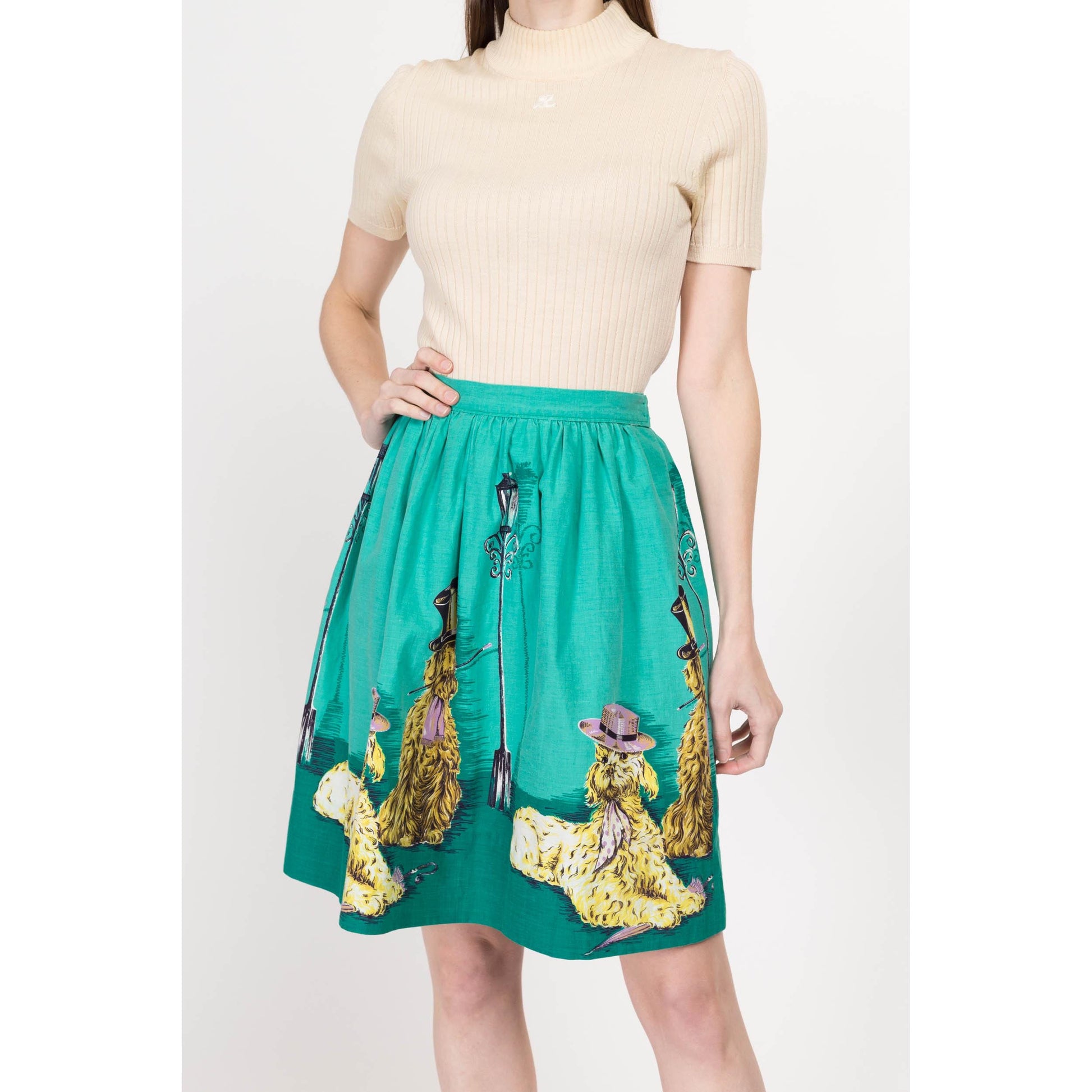 XS 60s Dapper Dog Novelty Print Mini Skirt 25" | Retro Vintage Teal Cute Animal Skirt