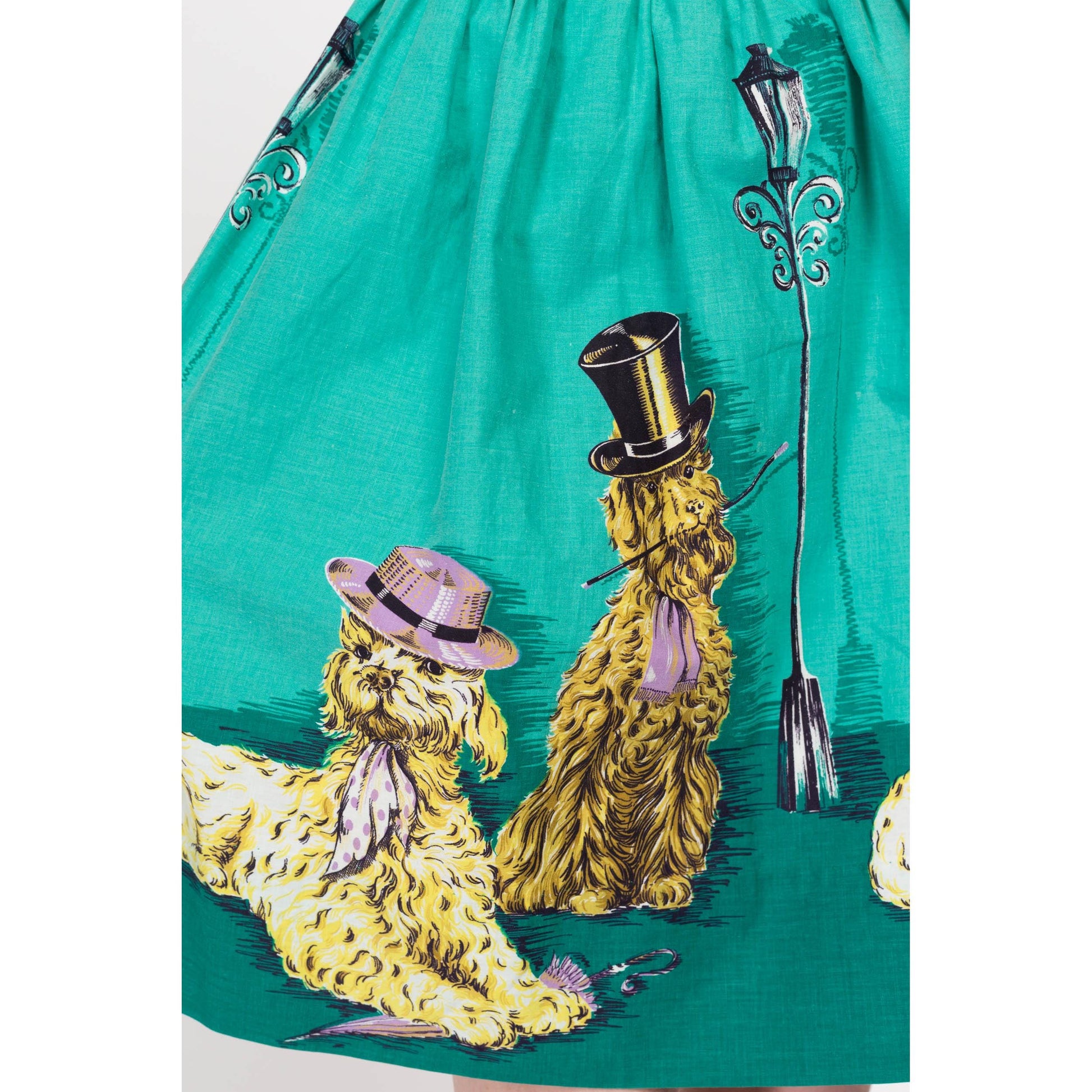 XS 60s Dapper Dog Novelty Print Mini Skirt 25" | Retro Vintage Teal Cute Animal Skirt