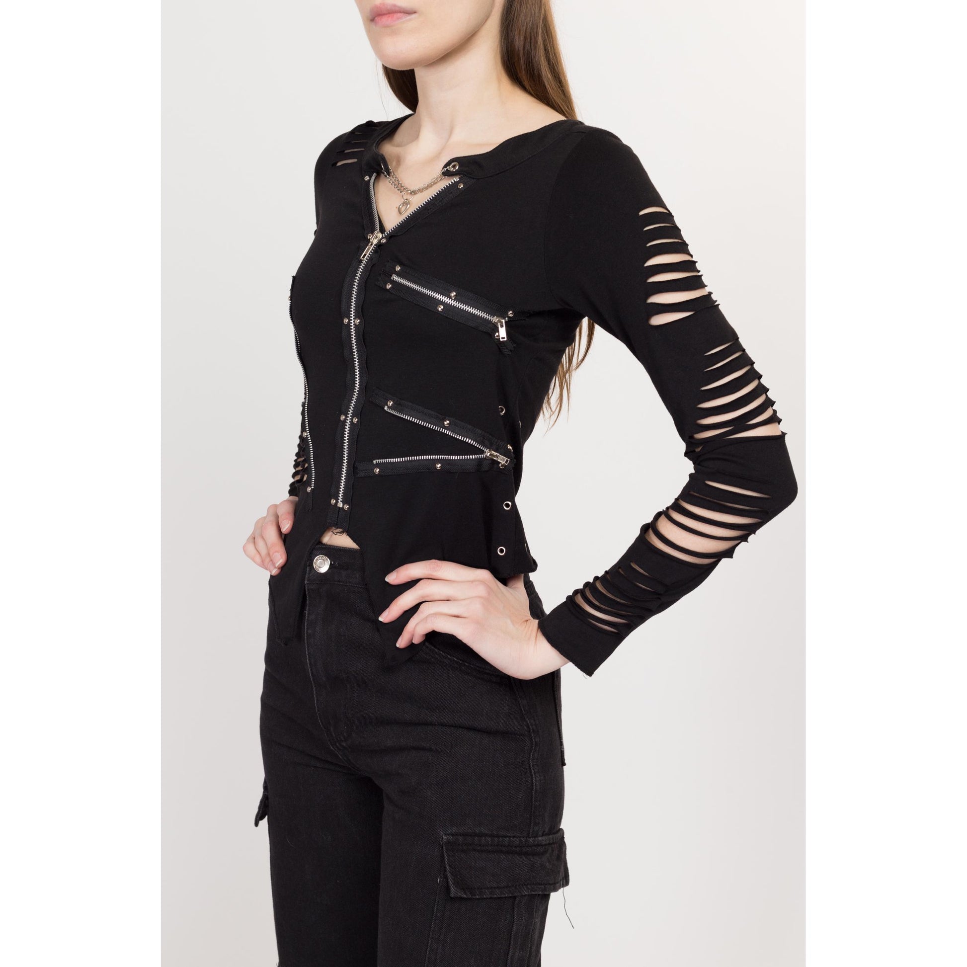 Small Y2K Gothic Black Slashed Zipper Top | Vintage Punk Heart Chain Long Sleeve Distressed Shirt