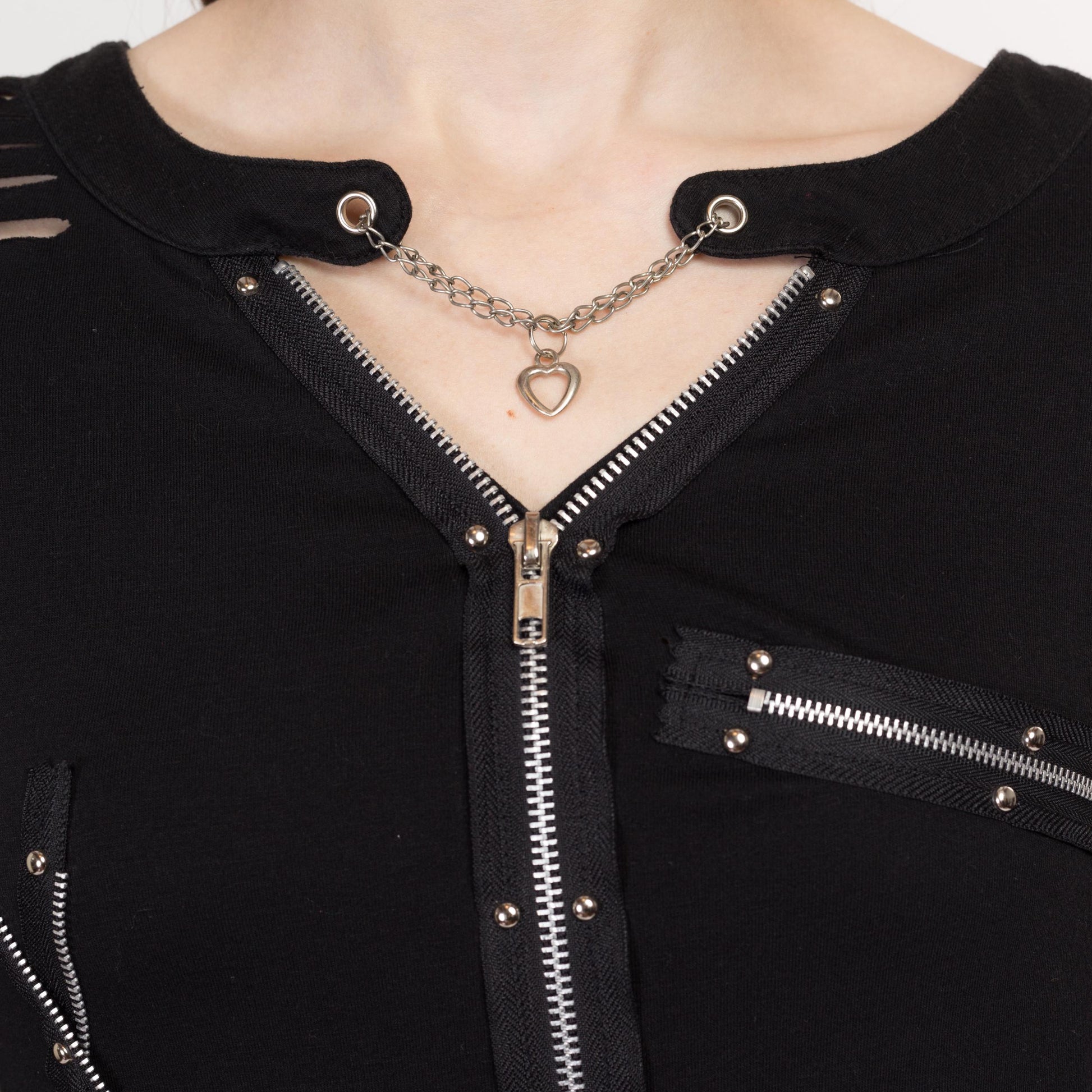 Small Y2K Gothic Black Slashed Zipper Top | Vintage Punk Heart Chain Long Sleeve Distressed Shirt