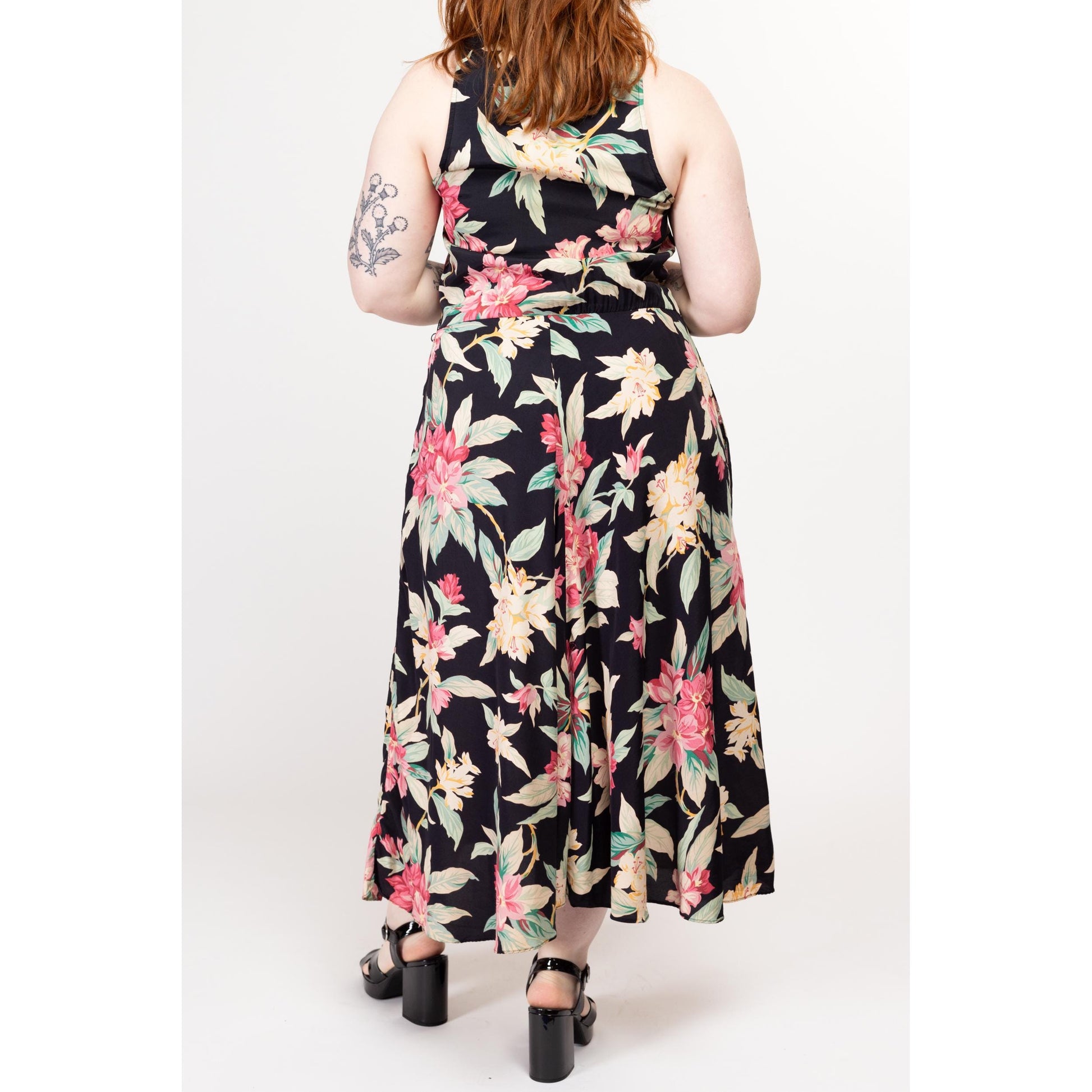 Large 90s Black Tropical Floral Rayon Maxi Sundress Large 90s Black Tropical Floral Rayon Maxi Sundress