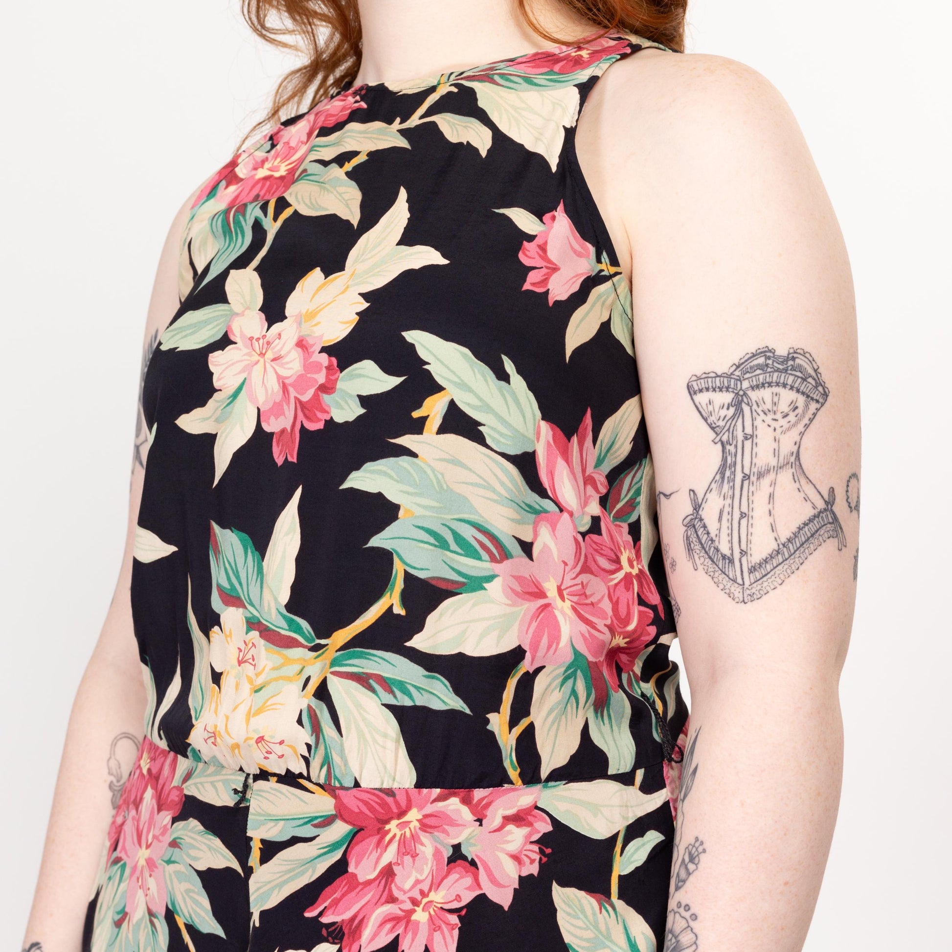 Large 90s Black Tropical Floral Rayon Maxi Sundress Large 90s Black Tropical Floral Rayon Maxi Sundress