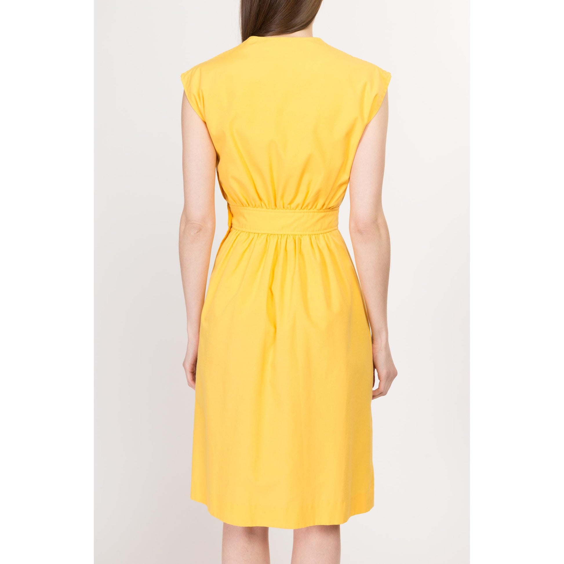 XS 70s Yellow Cage Shoulder Midi Dress | Vintage V Neck Cap Sleeve Fit Flare Shirtdress