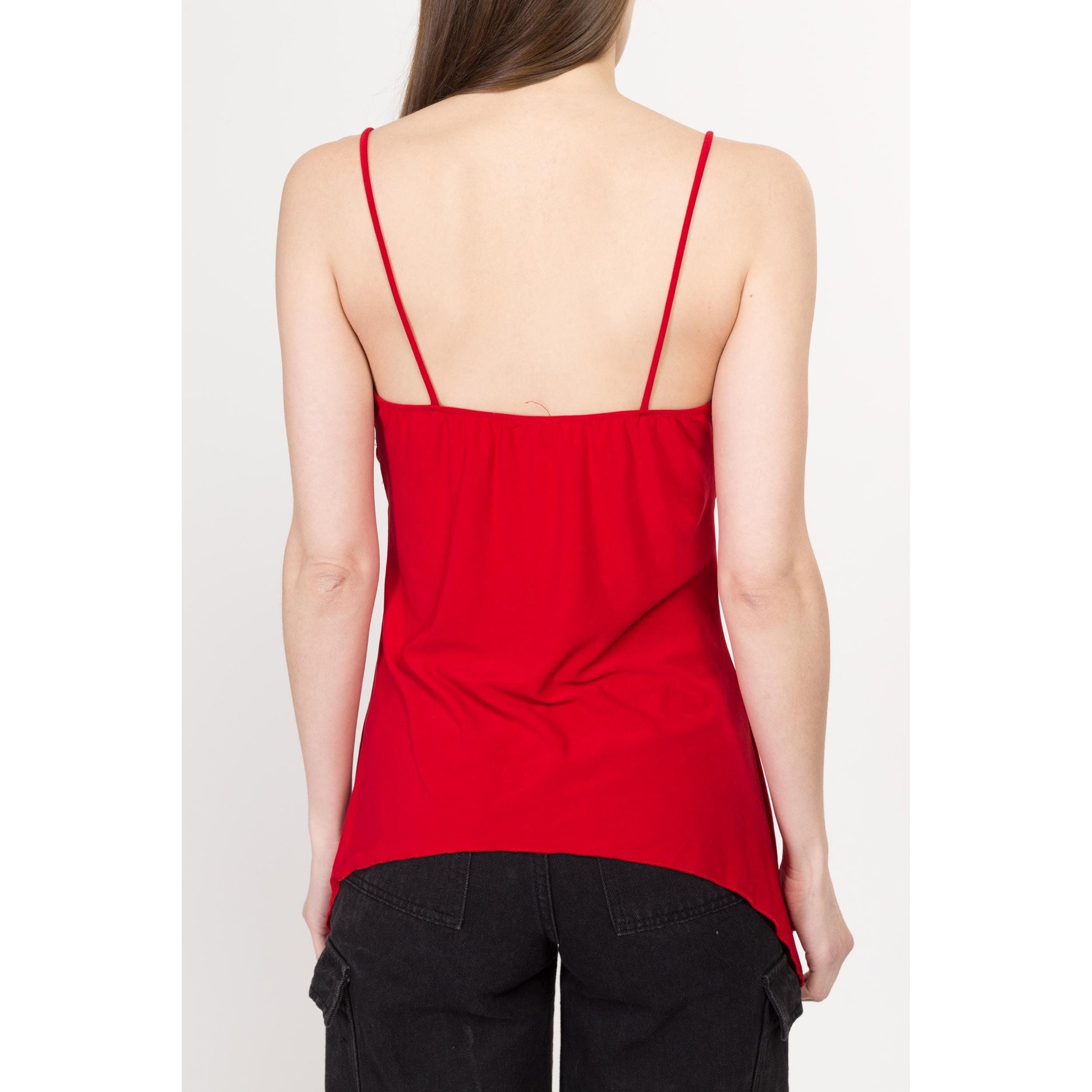 Medium Y2K Red Jeweled Heart Scarf Hem Cami Top | Vintage 2000s Valentine's Day Spaghetti Strap Club Tank Top