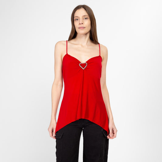 Medium Y2K Red Jeweled Heart Scarf Hem Cami Top | Vintage 2000s Valentine's Day Spaghetti Strap Club Tank Top