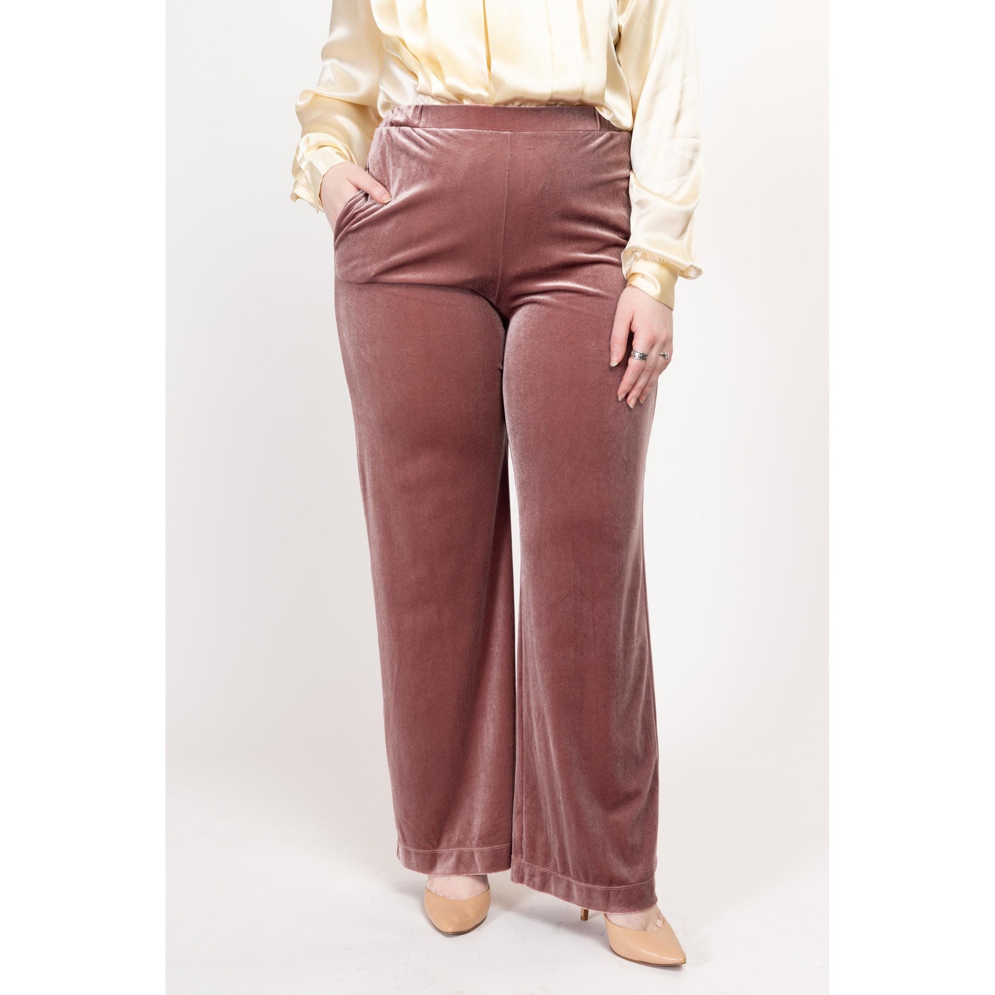 Med-Lrg Max Mara Leisure Dusty Rose Velvet Lounge Pants 26"-32" | Vintage High Waisted Straight Leg Loungewear Trousers