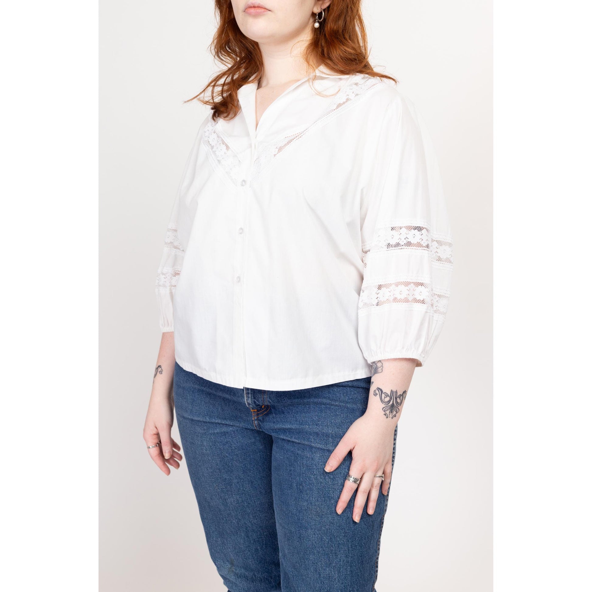Large 70s White Balloon Sleeve Lace Trim Peasant Blouse | Vintage 3/4 Sleeve Boho Button Up Collared Shirt