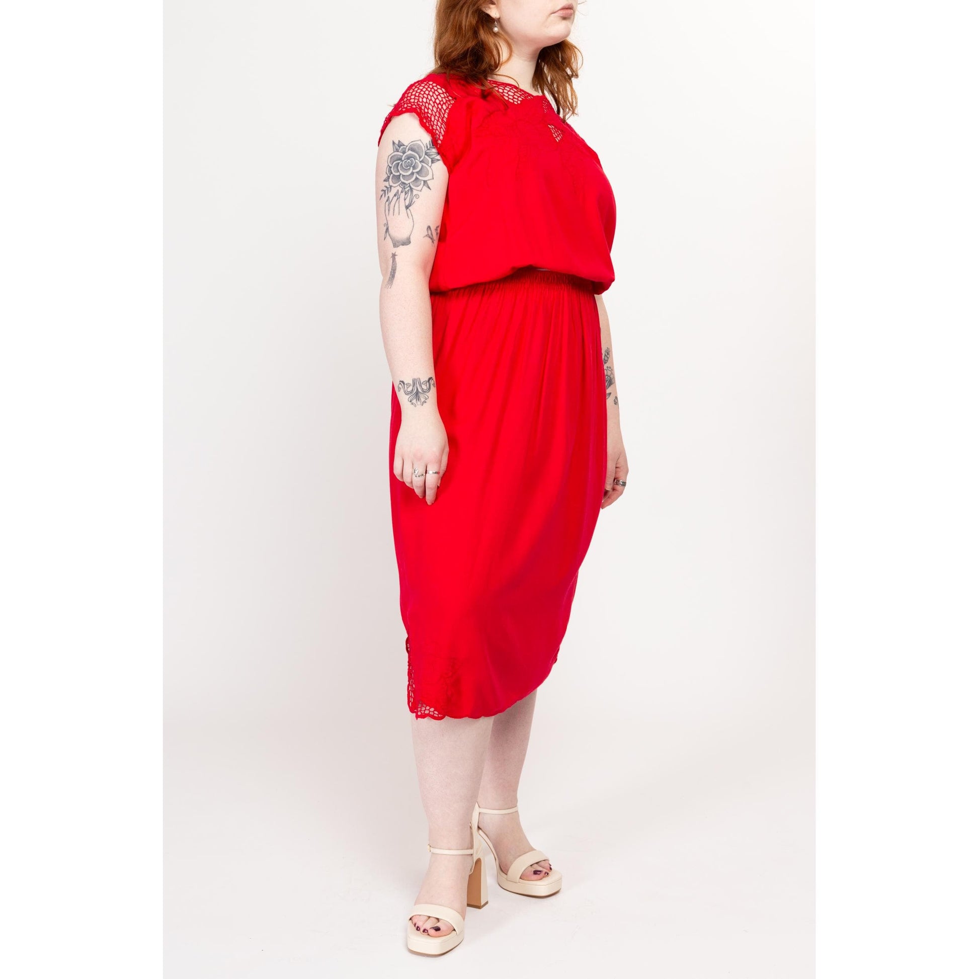 Large 90s Red Hibiscus Floral Bali Cutwork Crochet Top & Skirt Set | Vintage Boho Cap Sleeve Cut Out Sheer Mesh Hippie Outfit