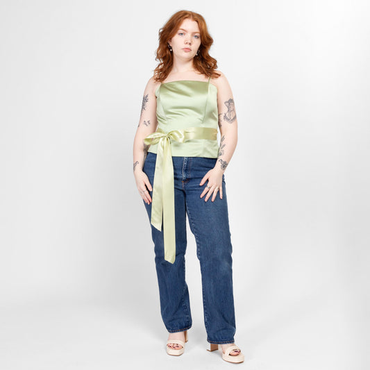 Large 90s Y2K Girly Mint Green Satin Bustier Top | Vintage Formal Chiffon Tie Spaghetti Strap Blouse