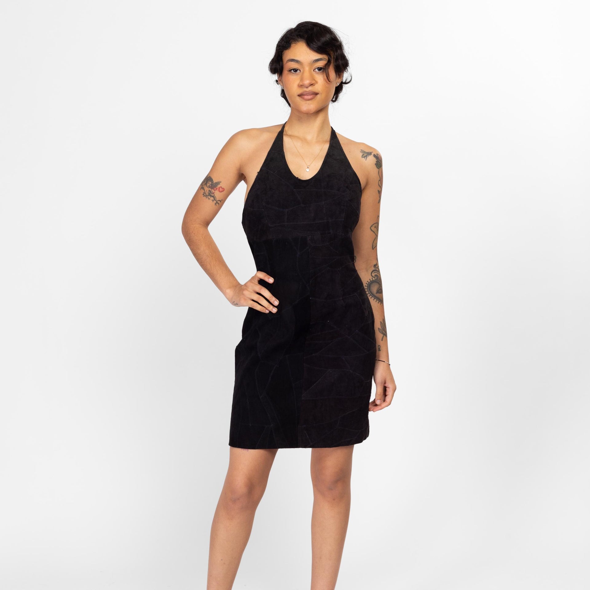 Medium 90s Black Suede Patchwork Halter Mini Dress – Flying Apple Vintage