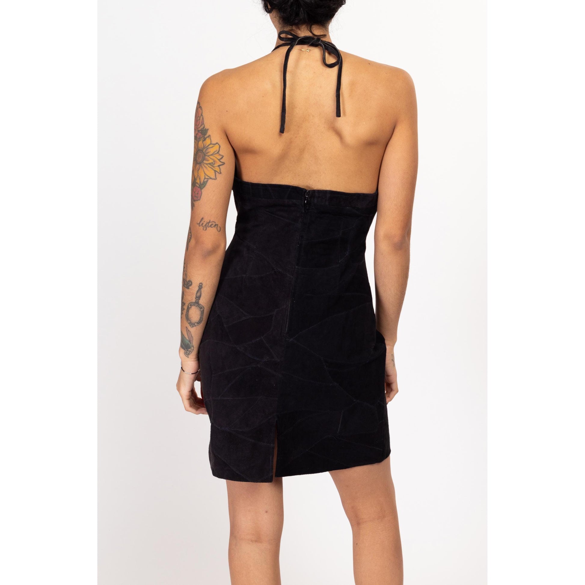 Medium 90s Black Suede Patchwork Halter Mini Dress Flying Apple Vintage Medium 90s Black Suede Patchwork Halter Mini Dress Flying Apple Vintage