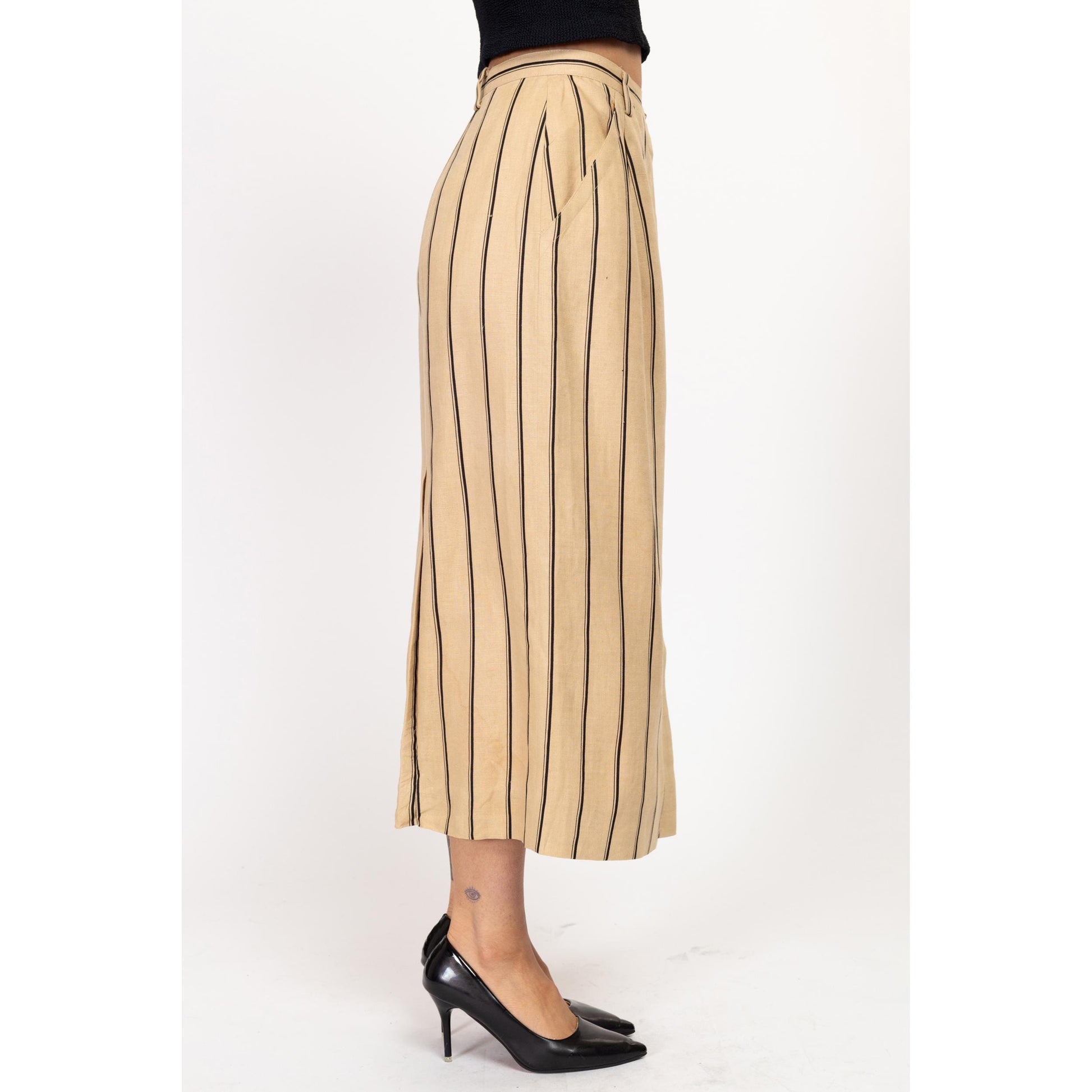 Small 90s Striped Oatmeal Linen Maxi Skirt 27" | Vintage Minimalist High Waisted Pocket Skirt