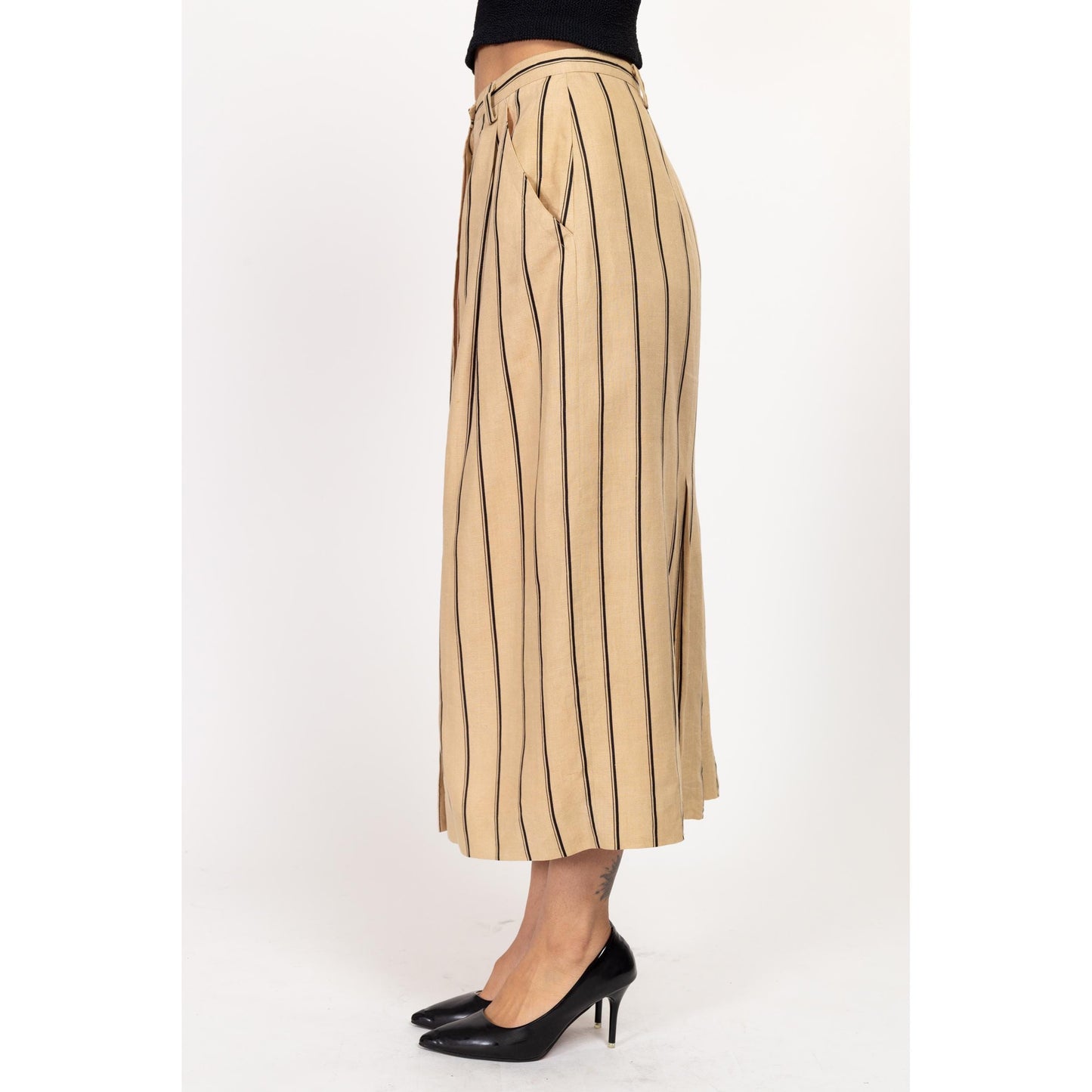 Small 90s Striped Oatmeal Linen Maxi Skirt 27" | Vintage Minimalist High Waisted Pocket Skirt