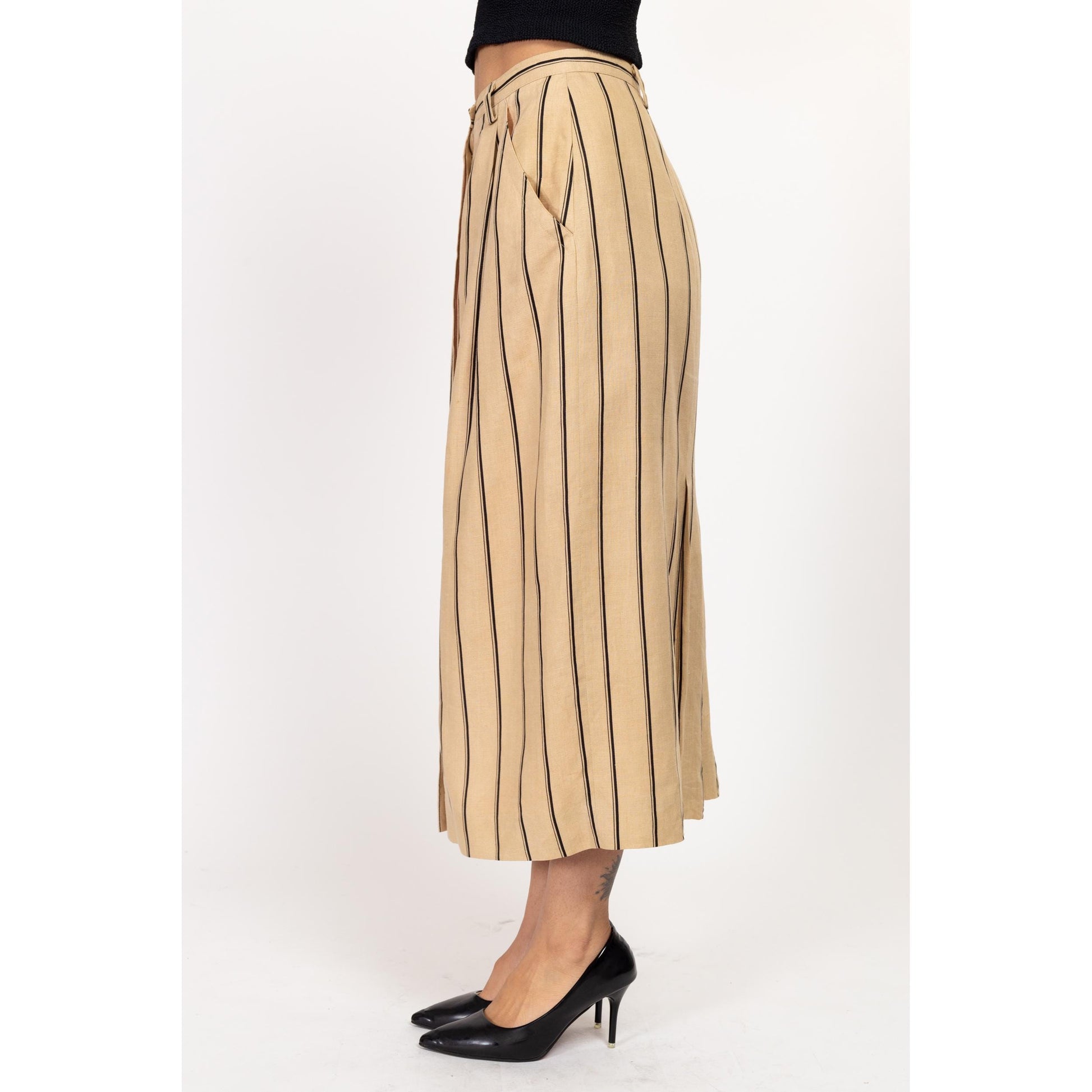 Small 90s Striped Oatmeal Linen Maxi Skirt 27" | Vintage Minimalist High Waisted Pocket Skirt