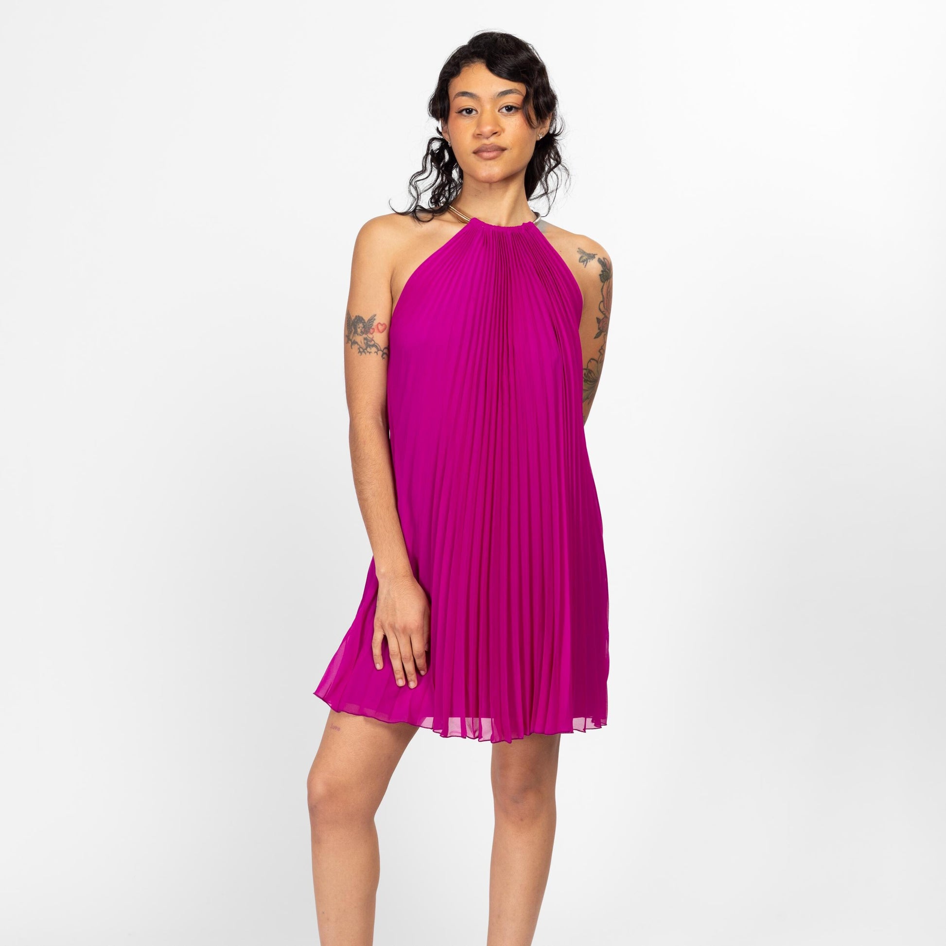 Medium Y2k Cache Magenta Pleated Choker Collar Mini Tent Dress | Vintage Sleeveless Flowy Babydoll Party Dress