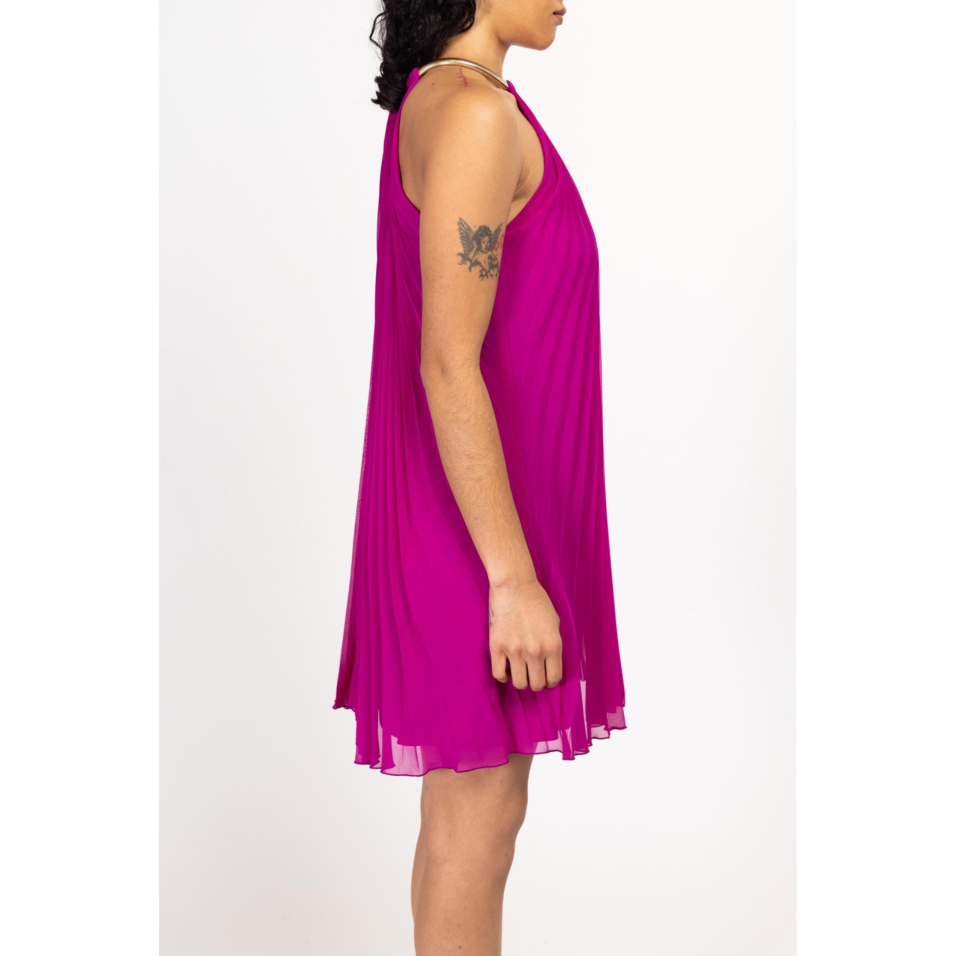 Medium Y2k Cache Magenta Pleated Choker Collar Mini Tent Dress | Vintage Sleeveless Flowy Babydoll Party Dress