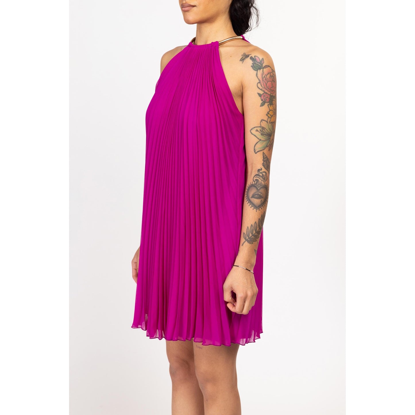 Medium Y2k Cache Magenta Pleated Choker Collar Mini Tent Dress | Vintage Sleeveless Flowy Babydoll Party Dress
