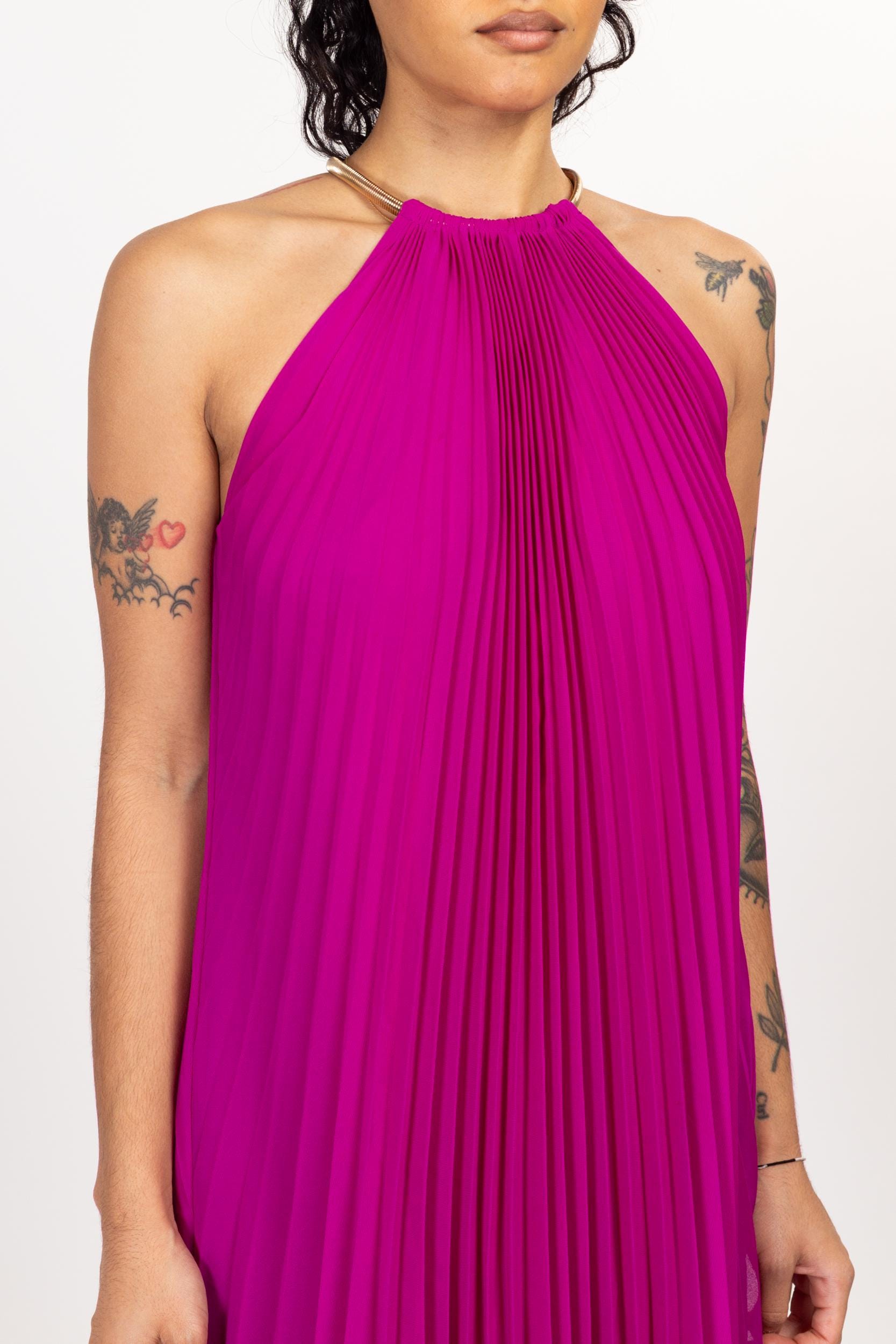 Medium Y2k Cache Magenta Pleated Choker Collar Mini Tent Dress | Vintage Sleeveless Flowy Babydoll Party Dress