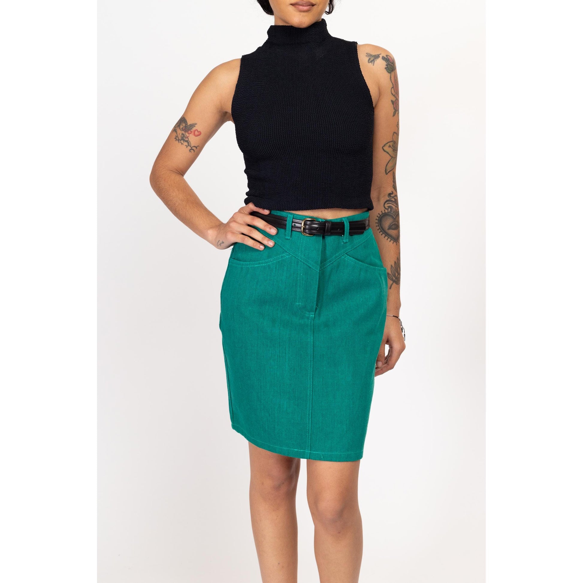 Small 80s 90s Turquoise Denim Mini Skirt 26.5" | Vintage High Waisted A Line Jean Skirt