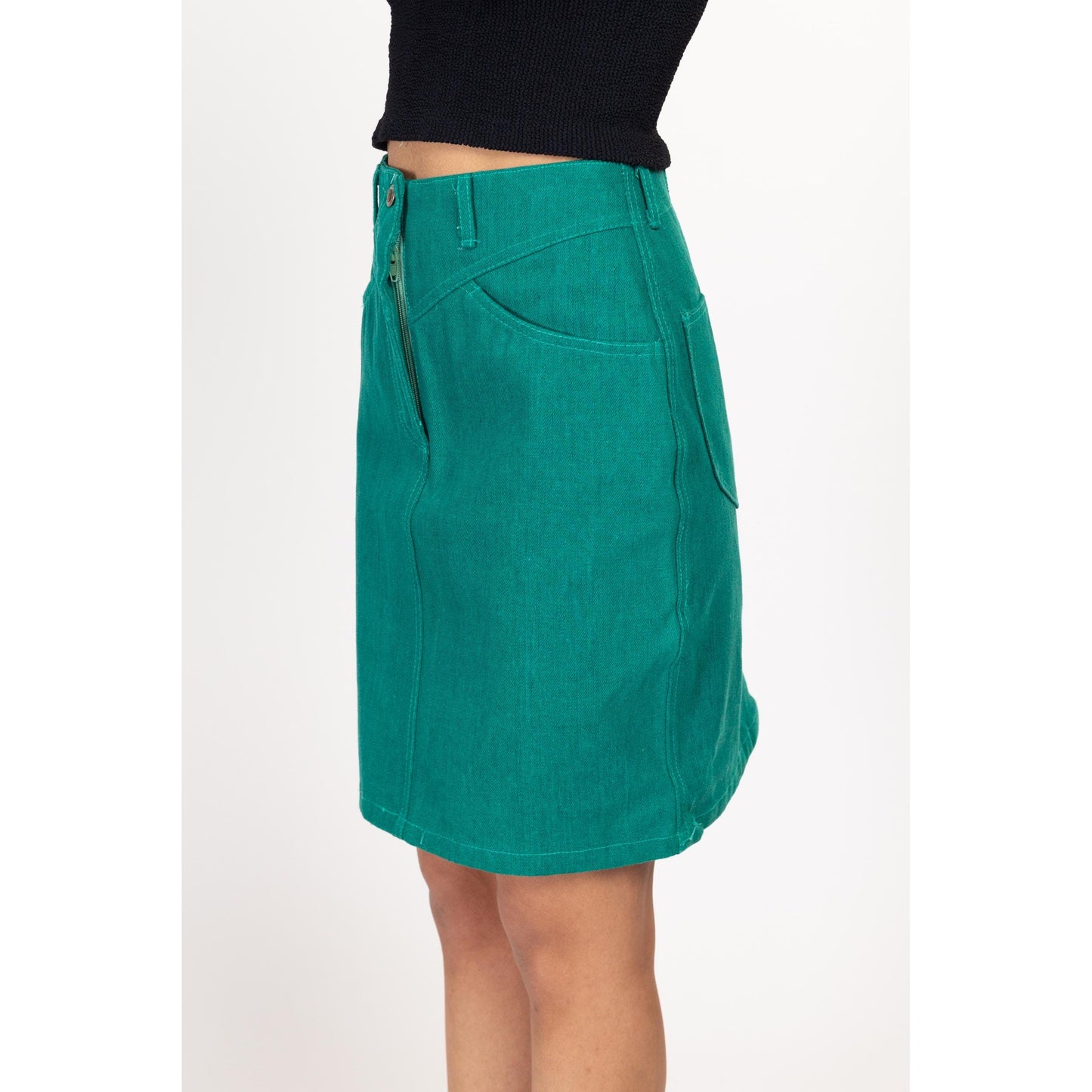 Small 80s 90s Turquoise Denim Mini Skirt 26.5" | Vintage High Waisted A Line Jean Skirt