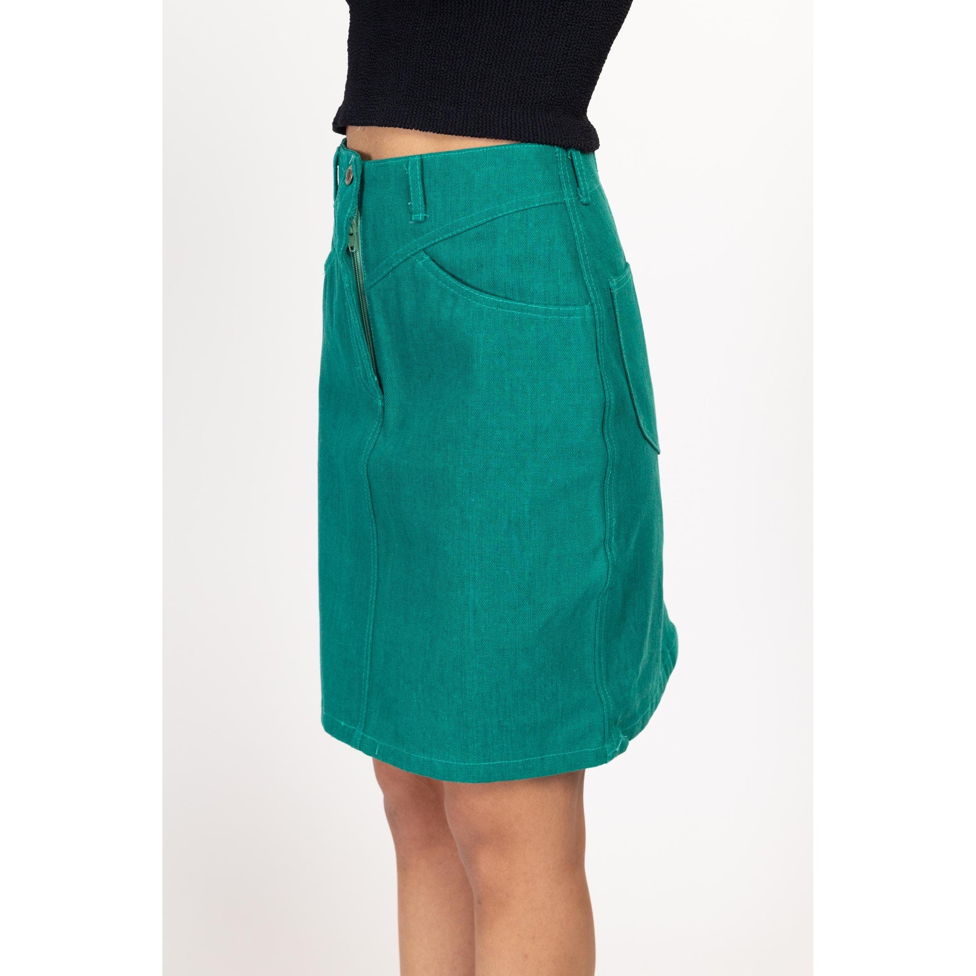 Small 80s 90s Turquoise Denim Mini Skirt 26.5" | Vintage High Waisted A Line Jean Skirt
