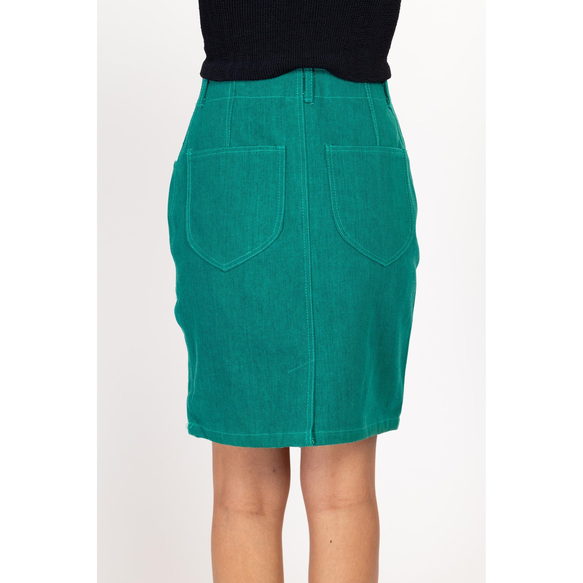 Small 80s 90s Turquoise Denim Mini Skirt 26.5" | Vintage High Waisted A Line Jean Skirt